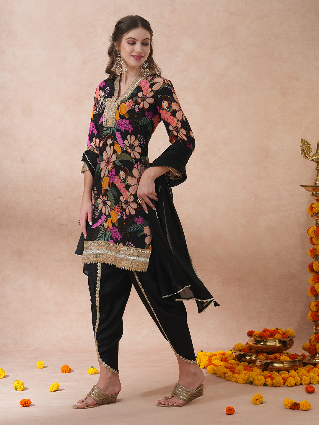 FASHOR Abstract Floral Printed & Hand Embroidered A-Line Kurta with Pant & Dupatta - Black - view 5