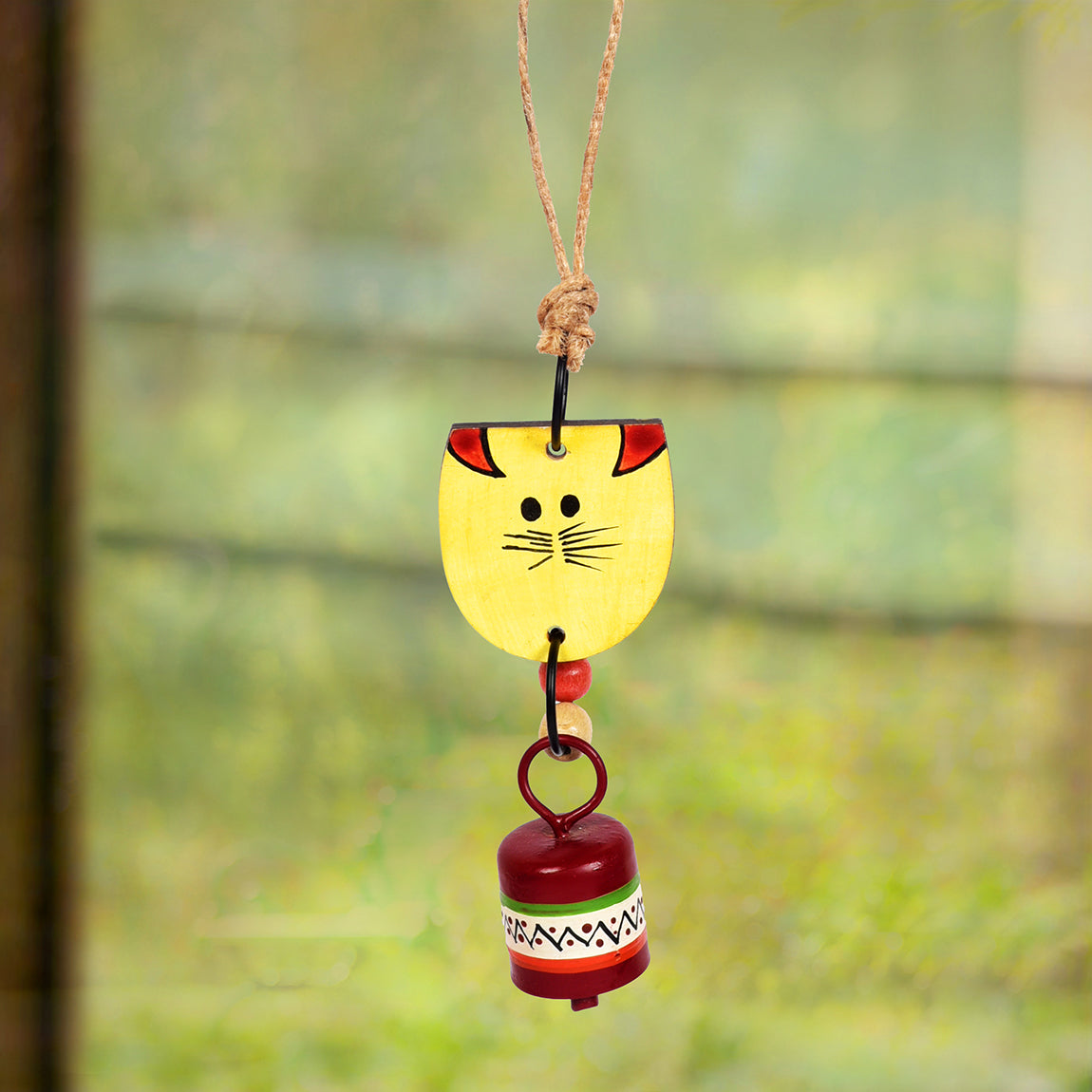 ART CREATIONS BY SUMAN SONTHALIA Aakriti Art Creations Handpainted Yellow Wild Cat Wind Chimes with Metal Bell for Outdoor Hanging and Home Decoration