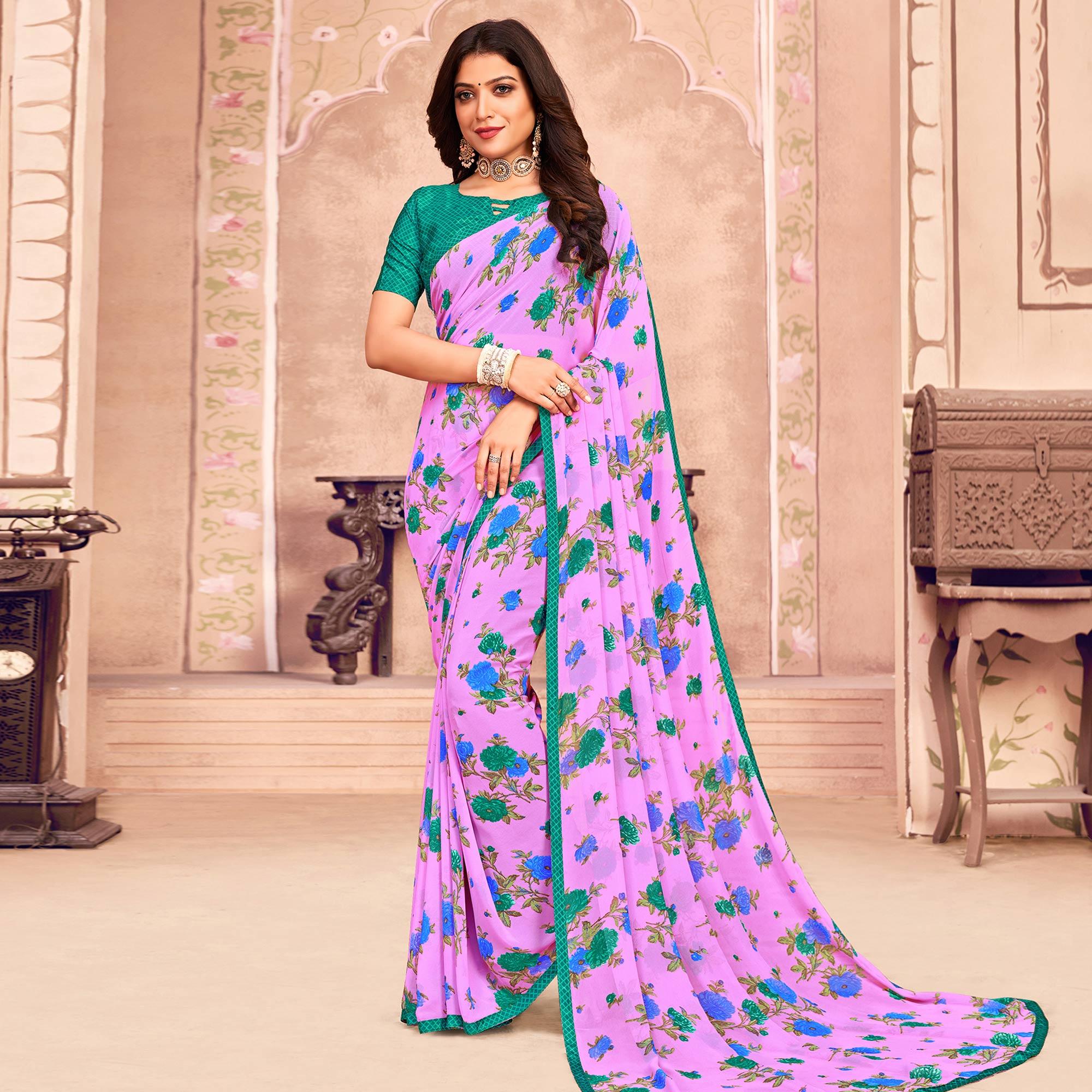 Peachmode Lavender Casual Wear Floral Printed Georgette Saree