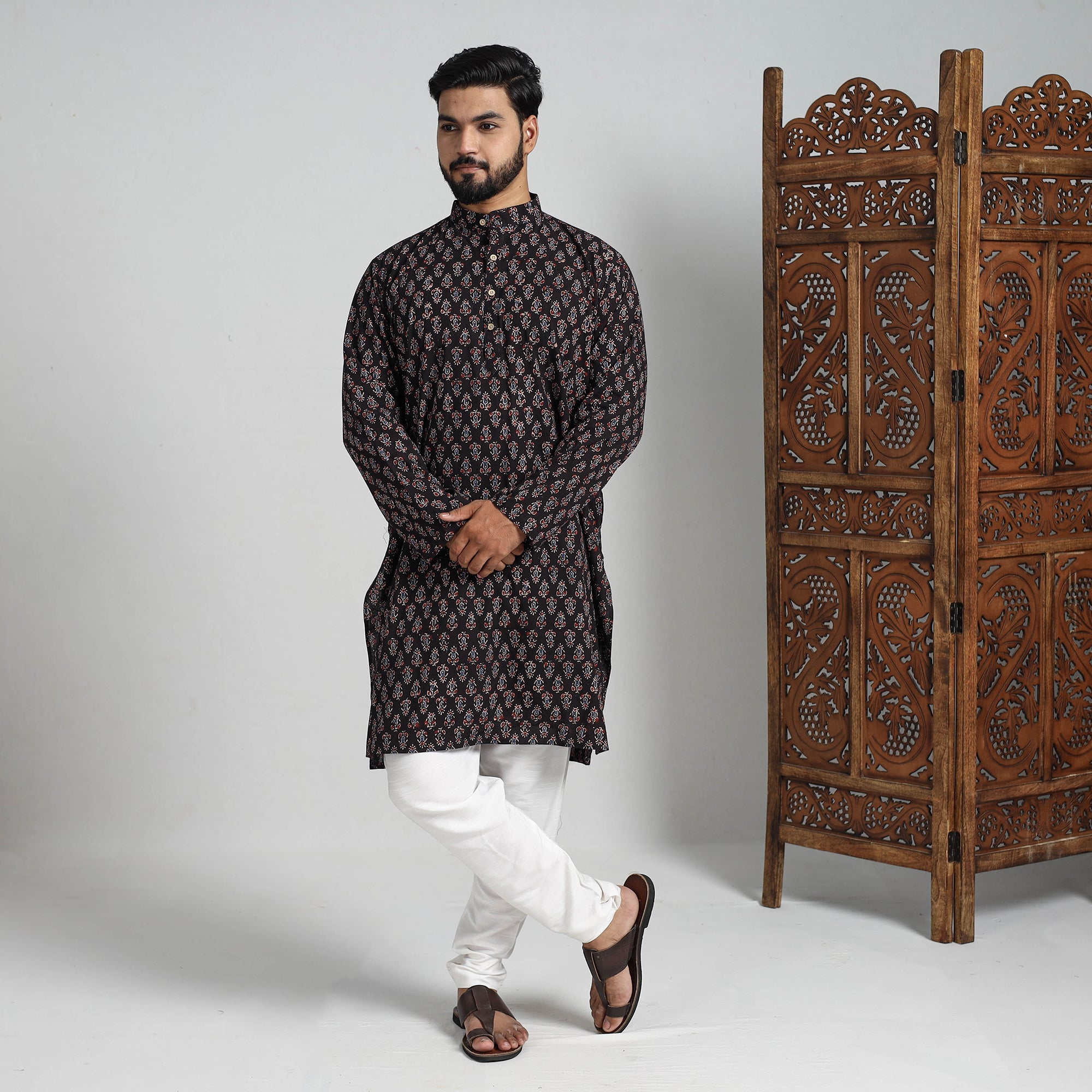 ITOKRI CASUALS Ajrakh Block Printed Cotton Men Long Kurta 17 - view 2