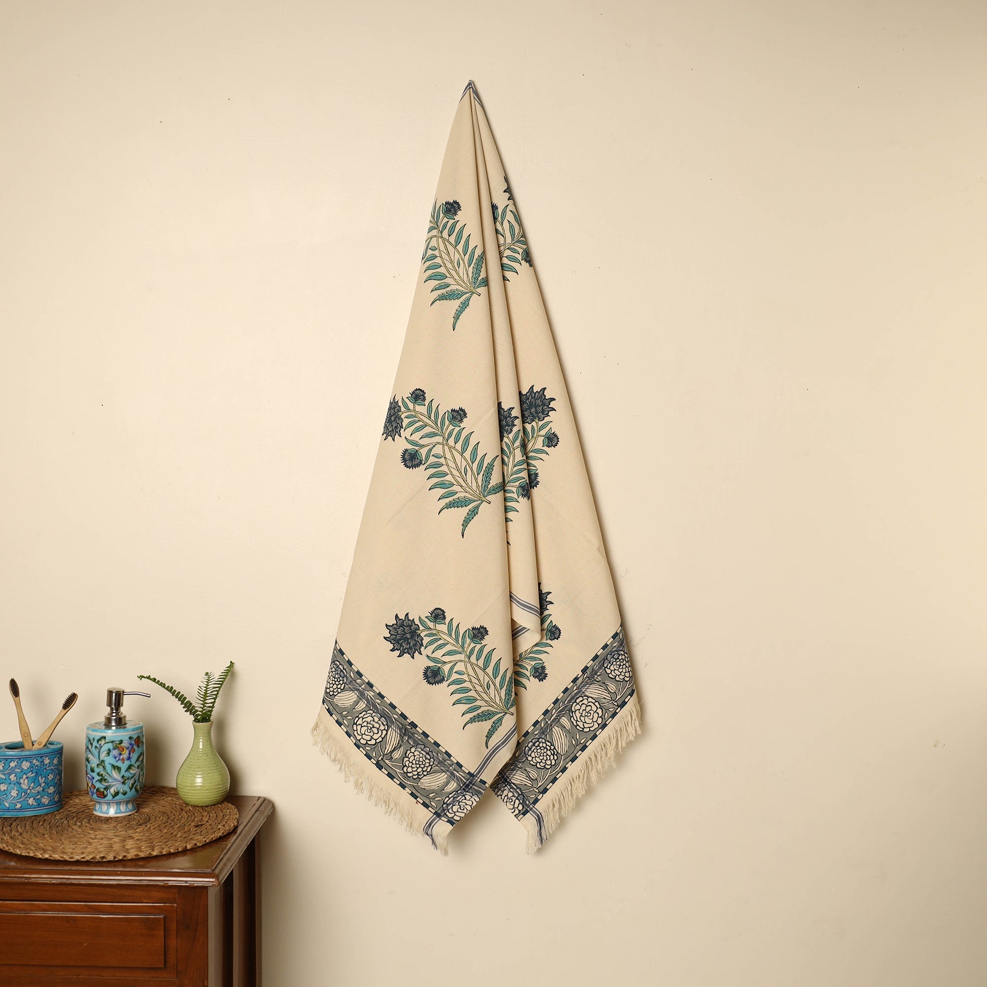 ARTISAN HAND BLOCK PRINTS Beige - Block Printed Handloom Cotton Sanganeri Towel 17