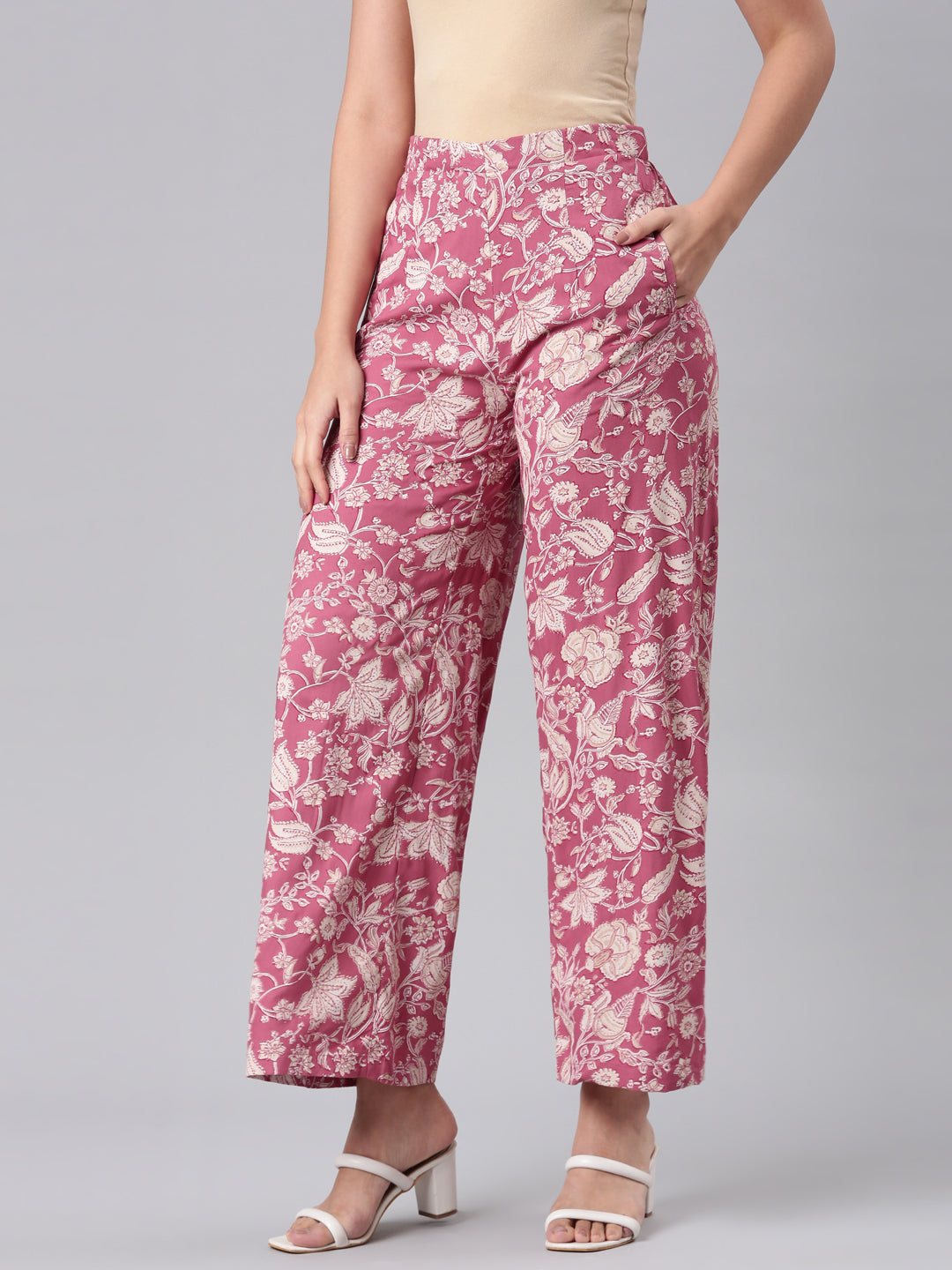 Go Colors Women Medium Pink Viscose Mid Rise Printed Palazzo