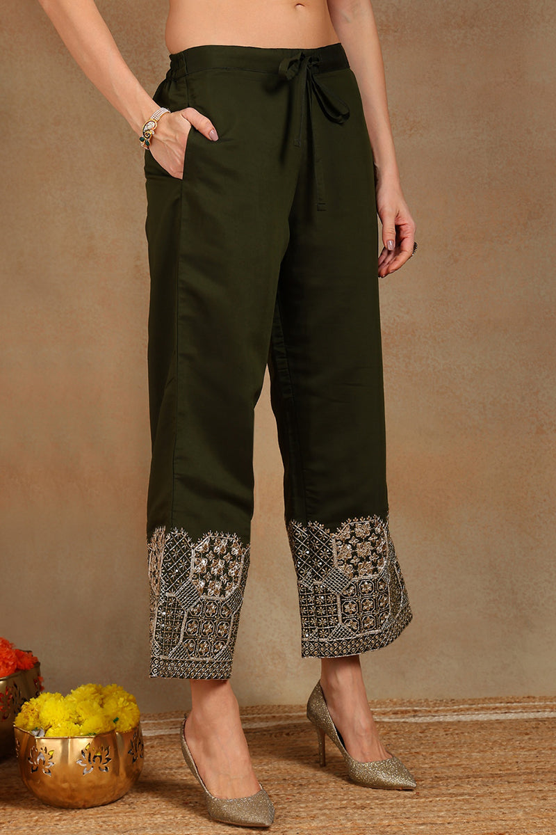 Ahika Olive Green Silk Blend Solid Straight Suit Set PKSKD2744 - view 5