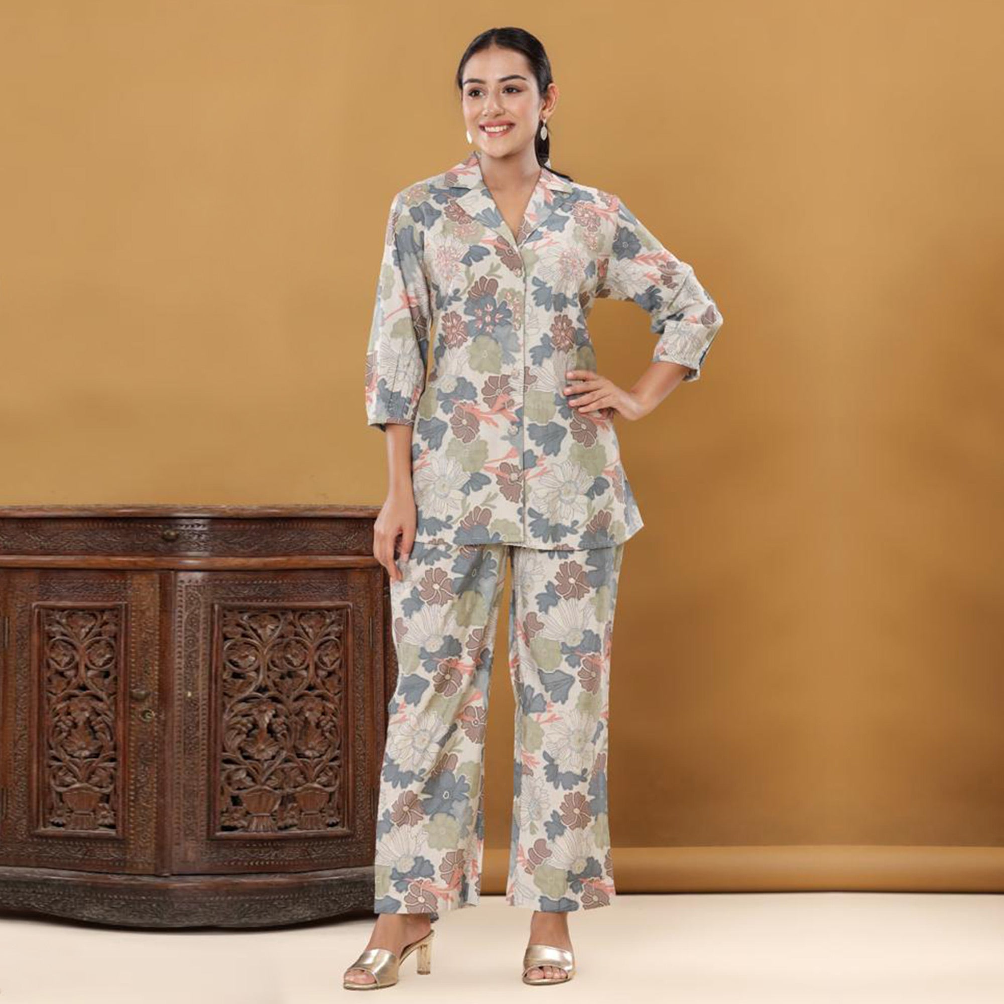 Peachmode Grey Printed Muslin Co Ord Set - view 2