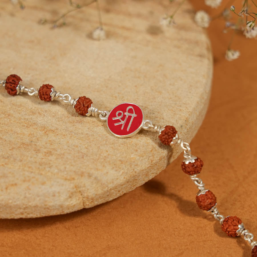 Prinjal Jewellers Rudraksha Silver Bracelet with Shree Single Line for Kids