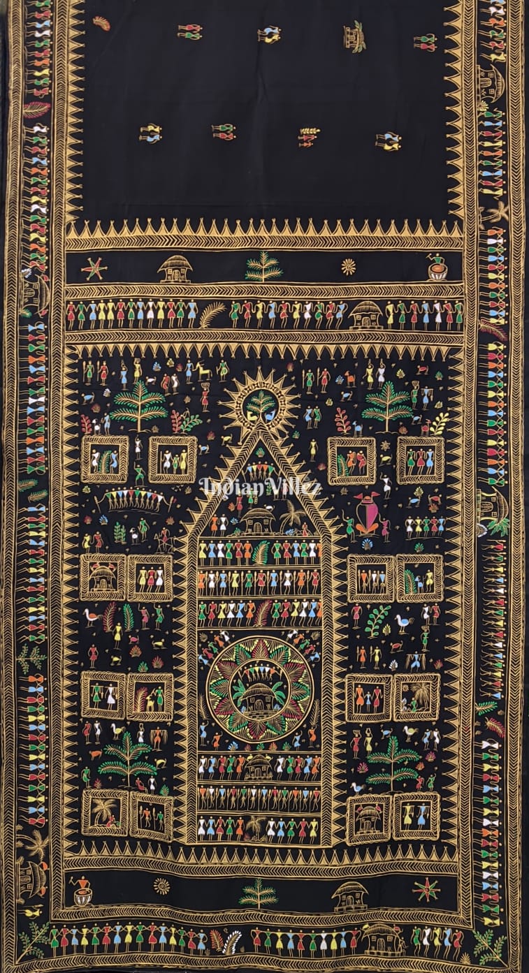 IndianVillèz Black Tribal Themed Hand-Painted Pattachitra Saree