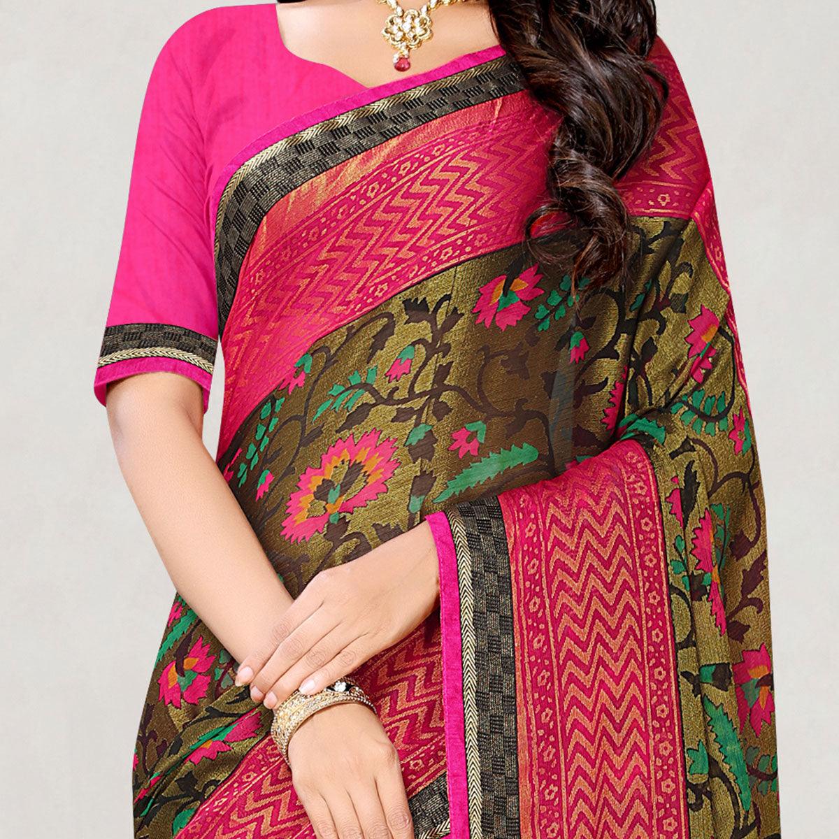 Peachmode Gleaming Peach Coloured Partywear Printed Chiffon Brasso Saree - view 2
