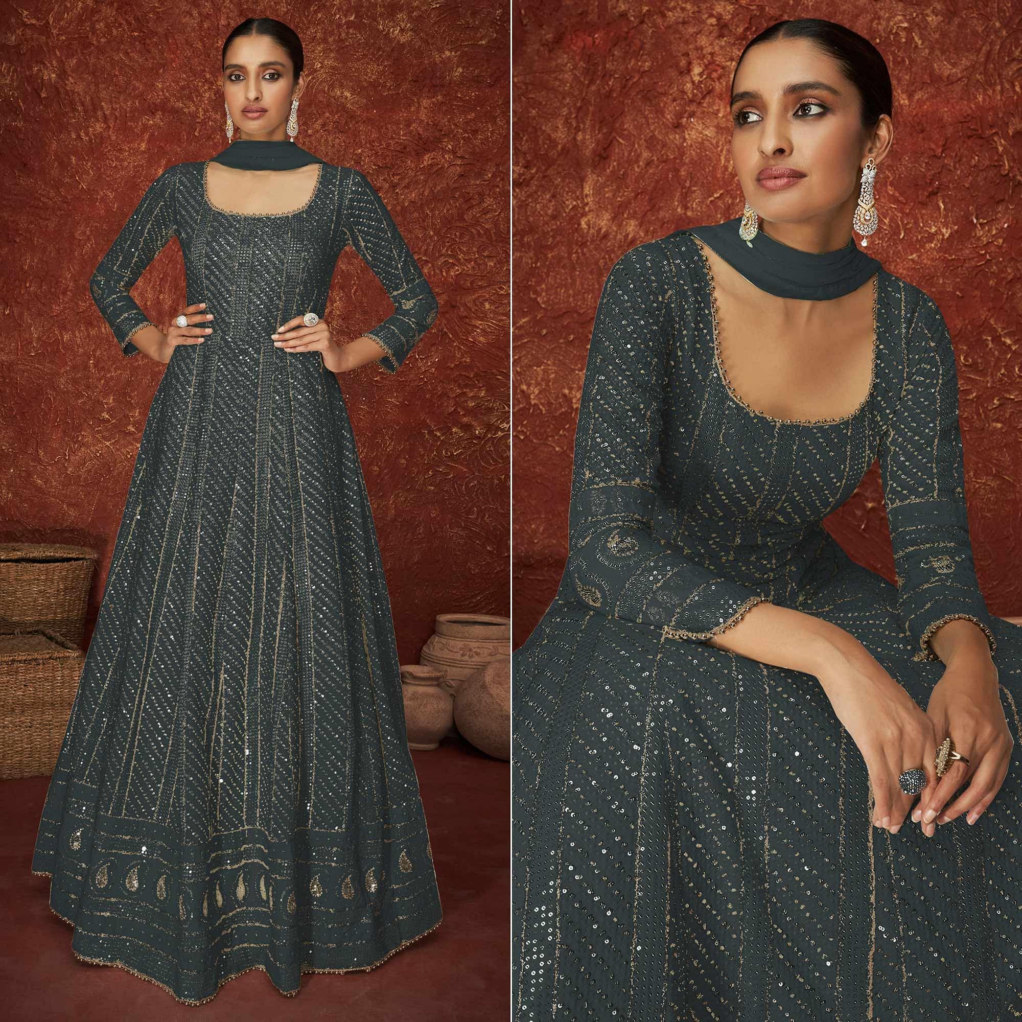 Peachmode Seller Dark Grey Partywear Sequins Embroidered Georgette Gown - view 2