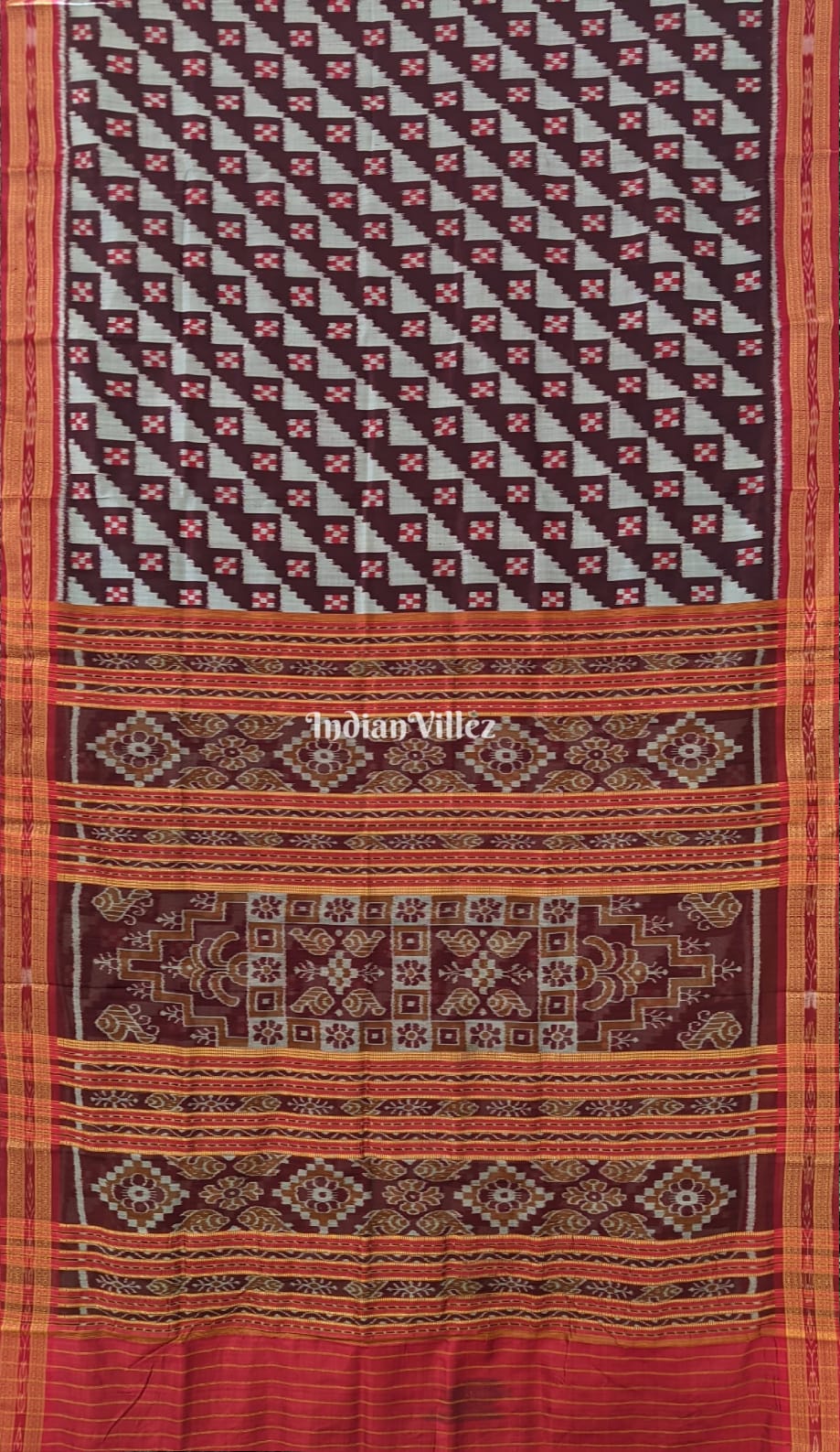 IndianVillèz Grey Coffee Odisha Ikat Khandua Silk Saree