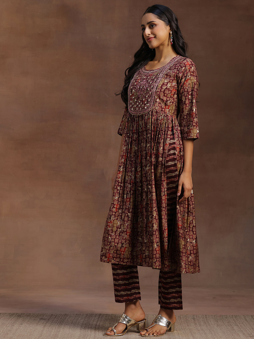 Libas Burgundy Printed Silk Blend A-Line Kurta With Trousers & Dupatta - view 2