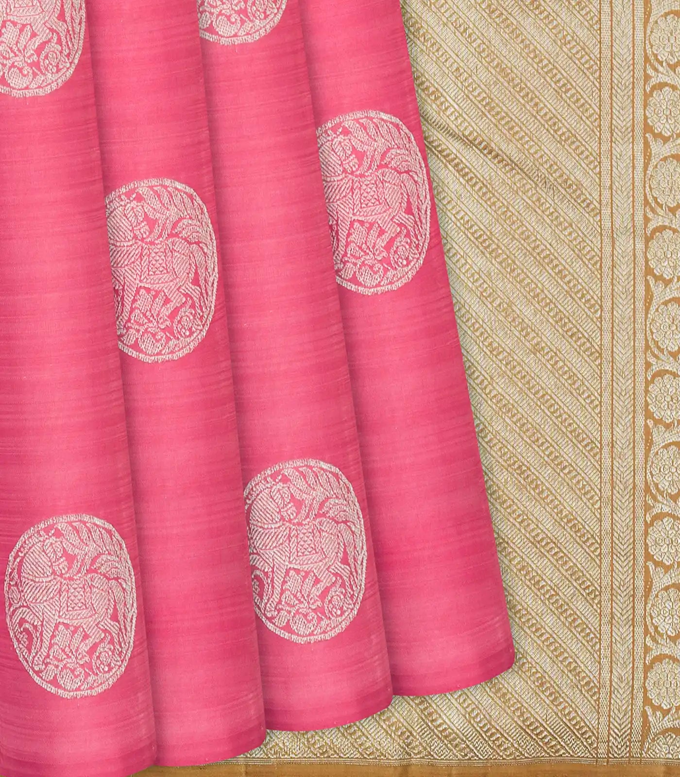 RmKV Dark Peach Handloom Kanchipuram Silk Saree With Horse Buttas-Dark Peach
