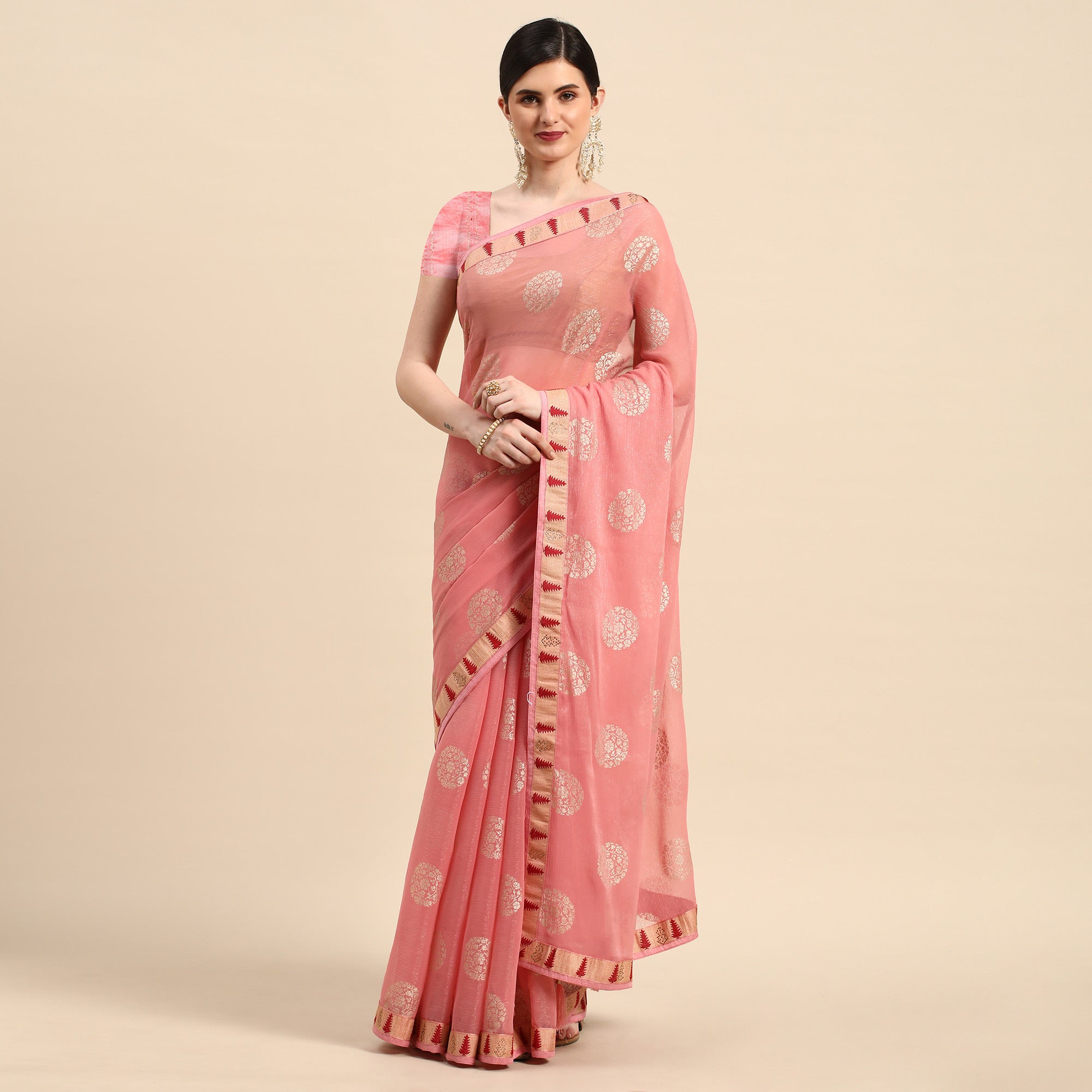 Peachmode Light Pink Foil Printed With Swarovski Chiffon Saree - view 2