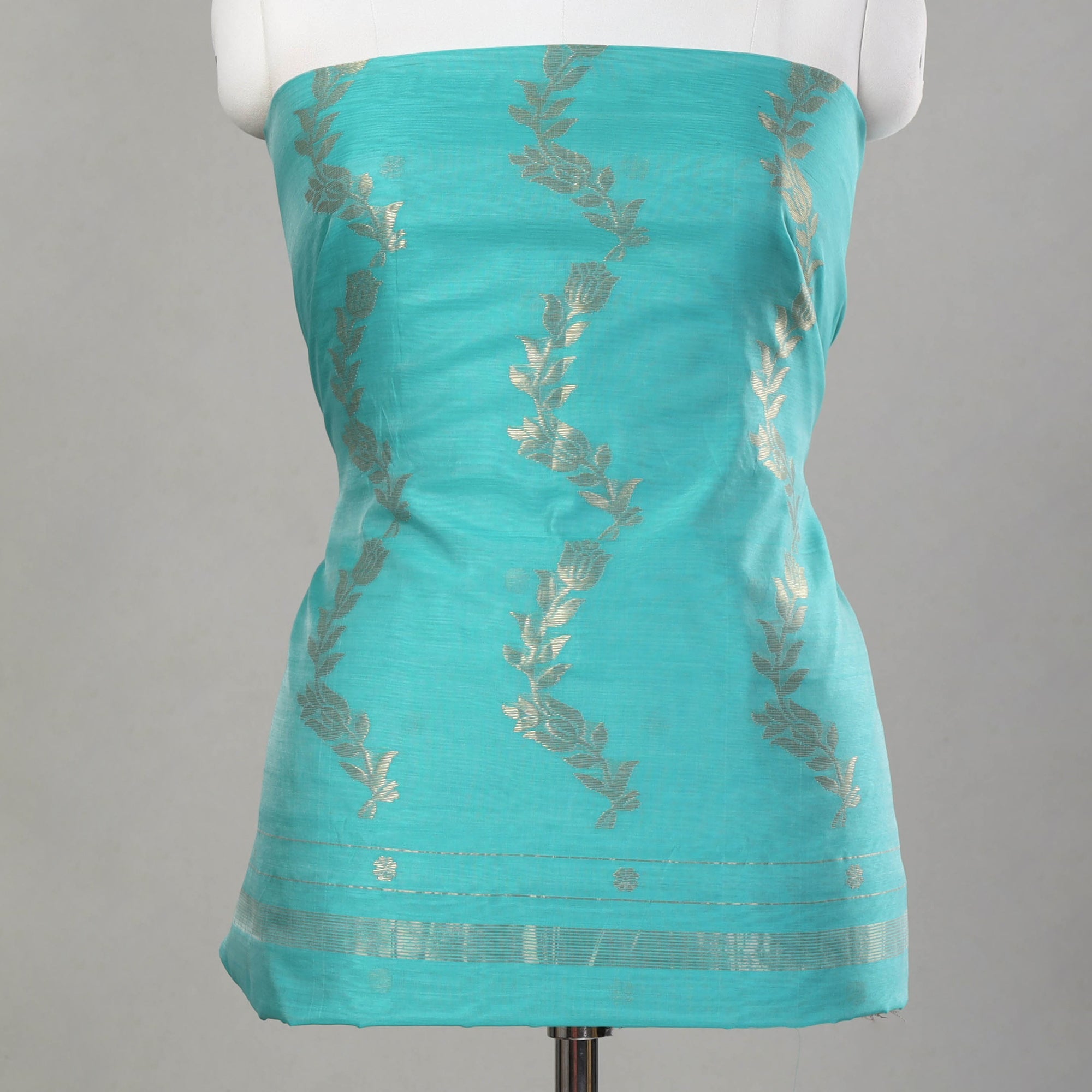 CHANDERI BY RAUPH KHAN Green - 3pc Chanderi Silk Cotton Handloom Flower Zari Buta Suit Material Set - view 3
