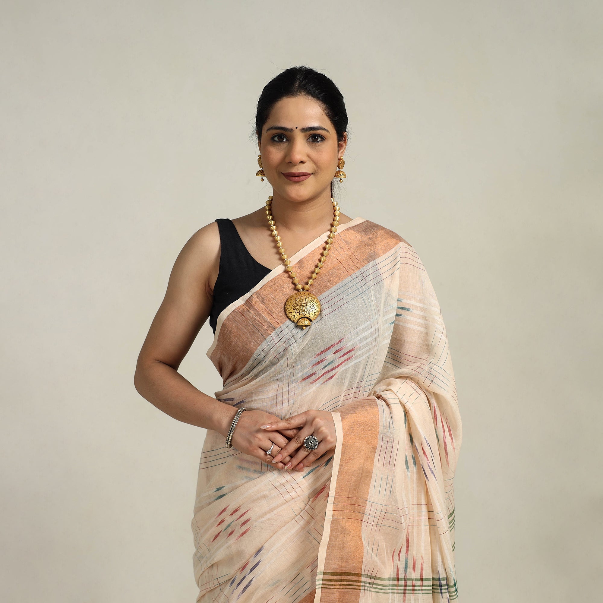 SASHA Beige - Phulia Handloom Cotton Saree with Zari Border 05 - view 2