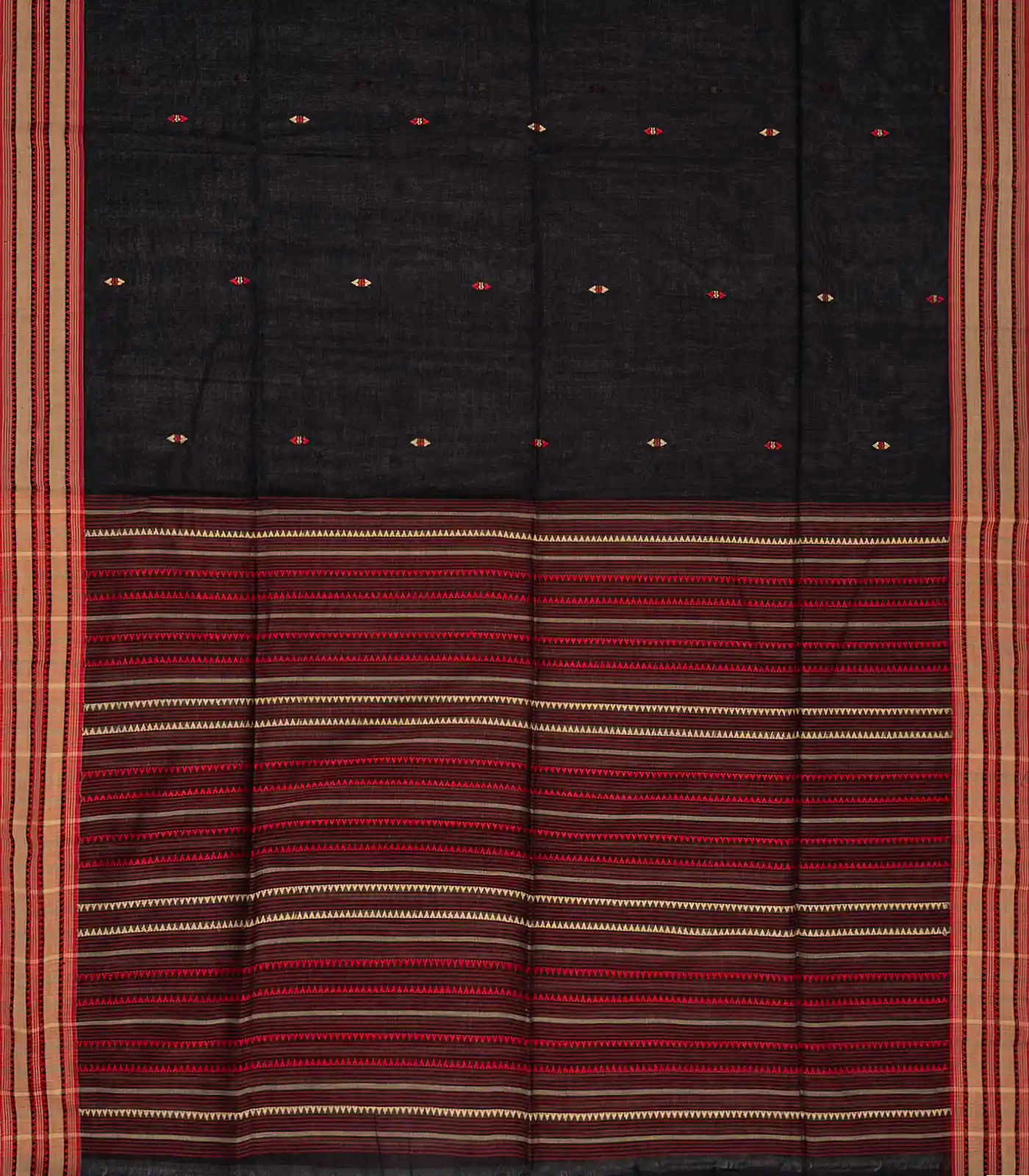 RmKV Black Handloom Bengal Cotton Saree With Diamond Motifs - view 2