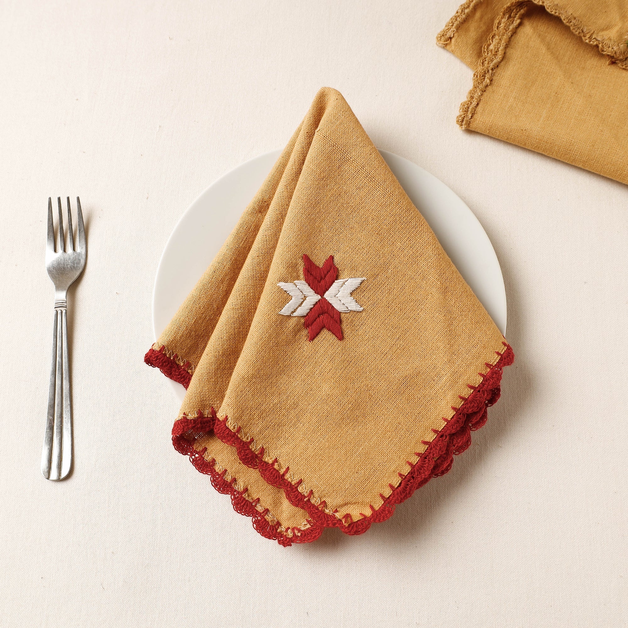PATIALA HANDICRAFTS Brown - Phulkari Embroidery Reversible Plain Handloom Cotton Napkin (14 x 14 in)