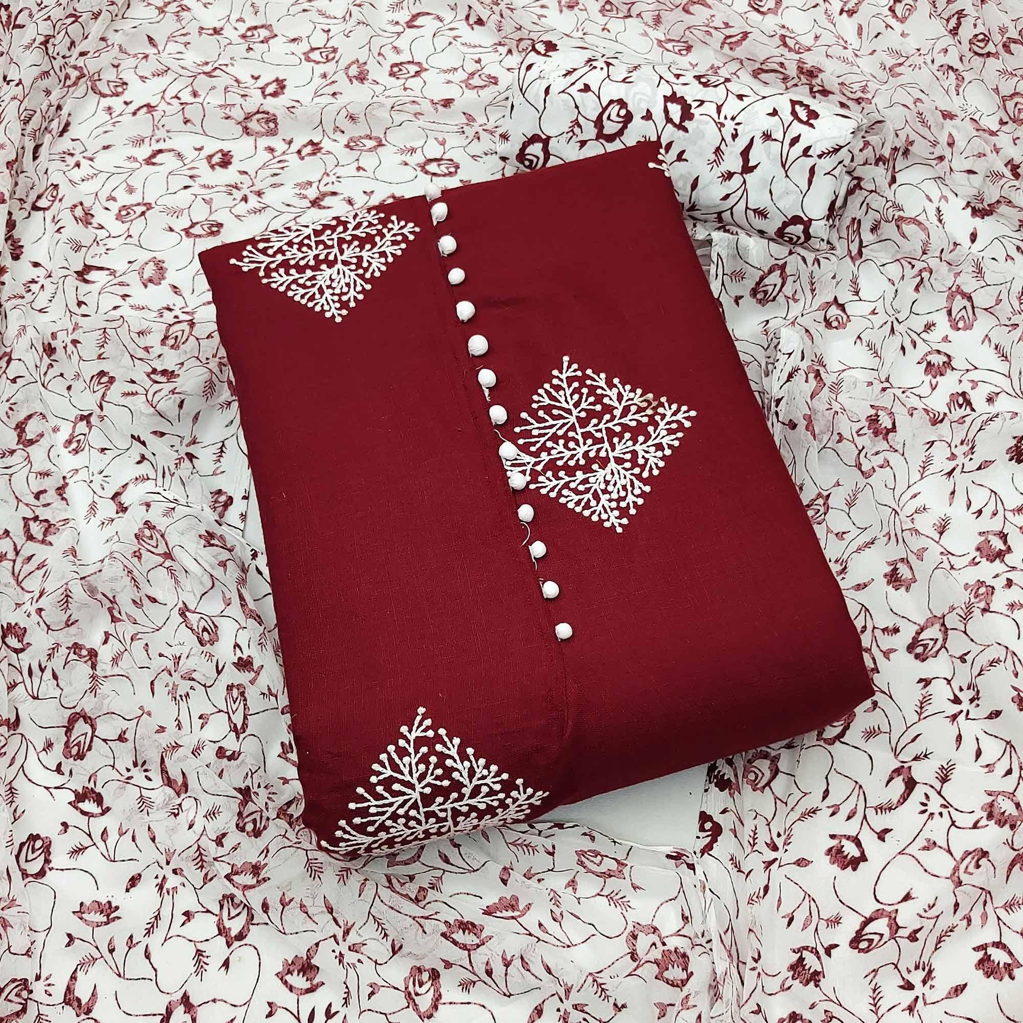 Peachmode Maroon Floral Embroidered Pure Cotton Dress Material