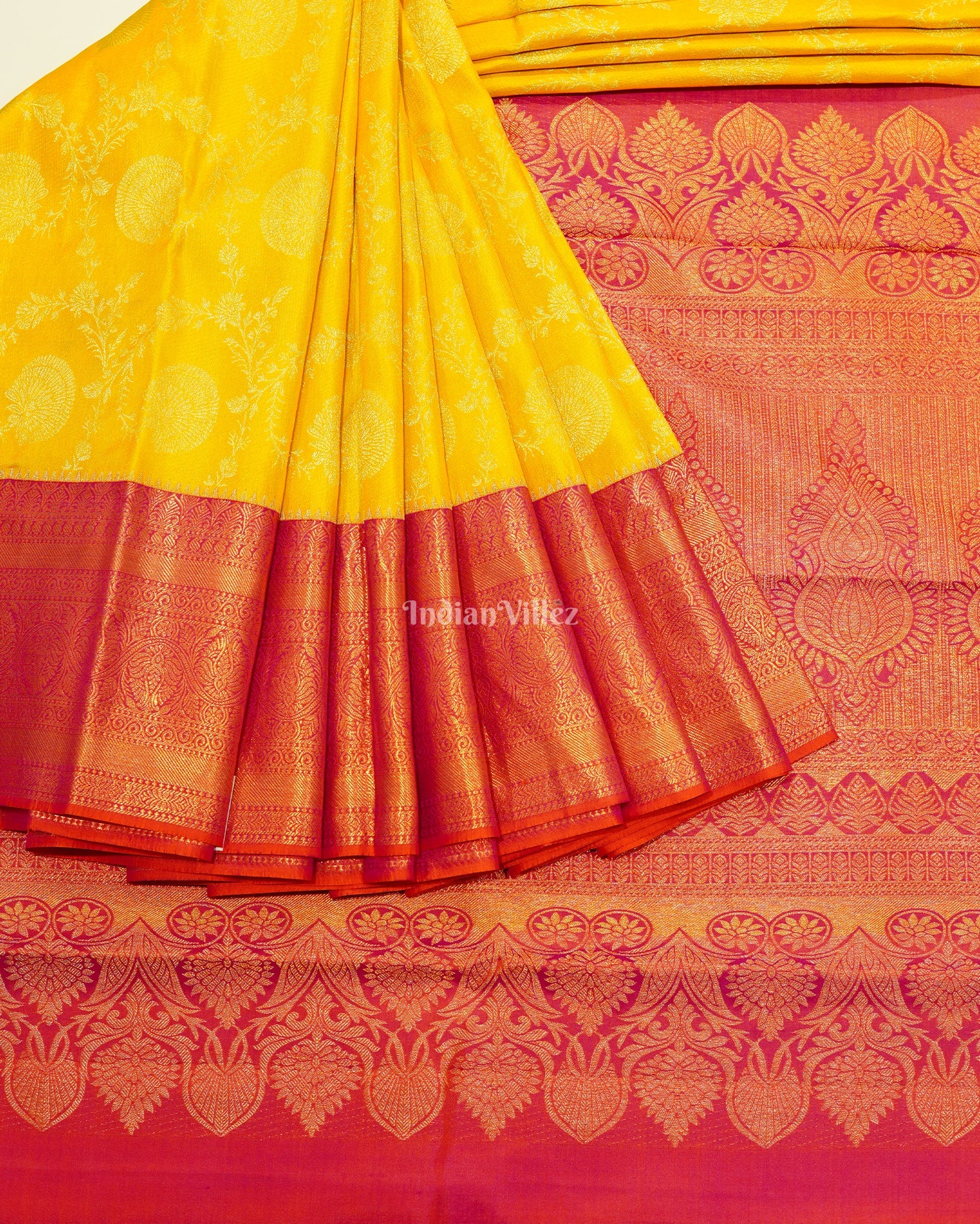 IndianVillèz Yellow Pink Pure Kanjivaram Silk Saree