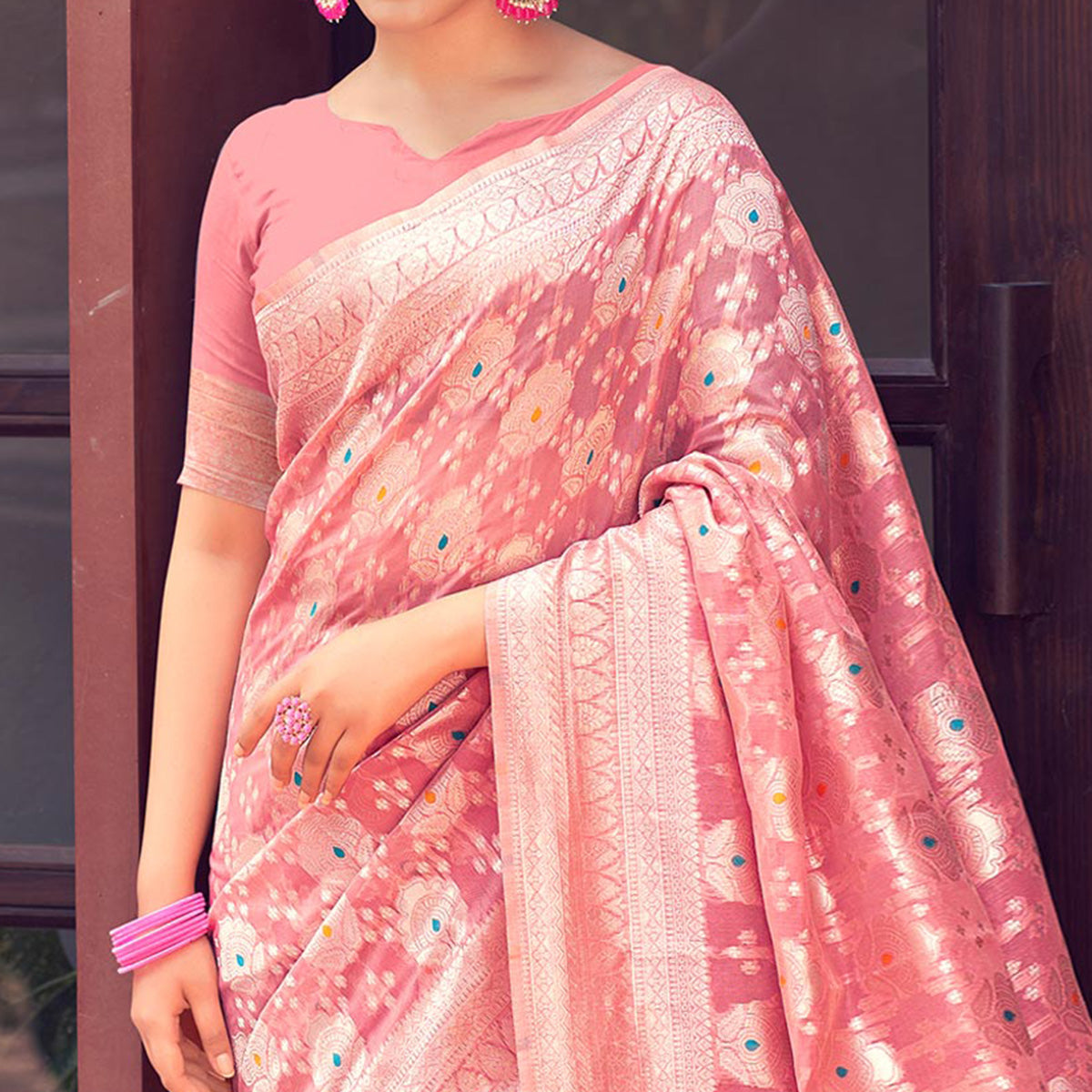 Peachmode Gajari Pink Woven Cotton Silk Saree With Tassels - view 2