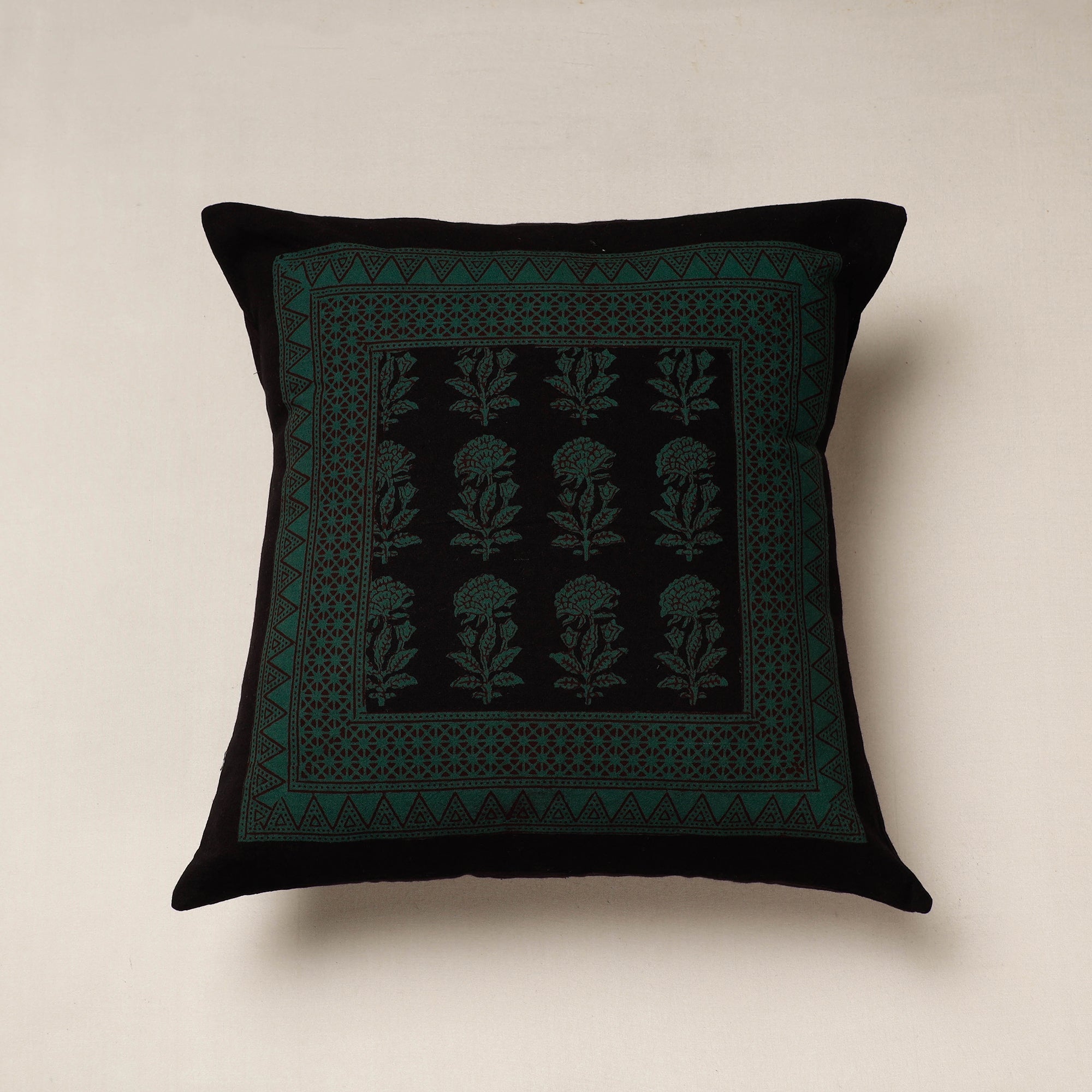 BAGH PRINTS BY ANSHAR FARUKH KHATRI Black - Bagh Block Printed Cotton Cushion Cover (16 x 16 in)