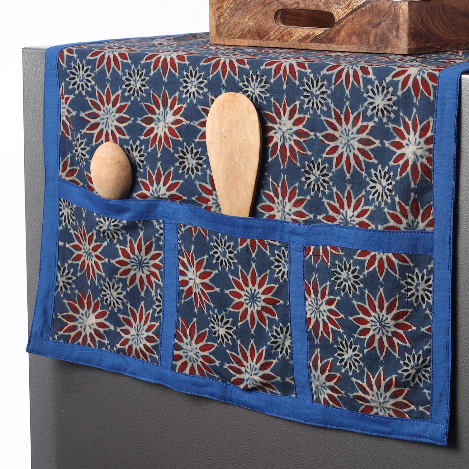 JALPARI Blue - Ajrakh Block Printed Cotton Fridge Top Cover with Multiple Pockets - view 2