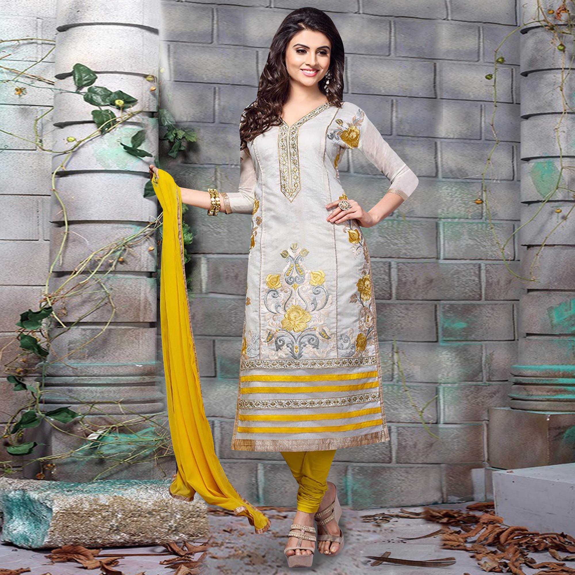 Peachmode Classy Grey Colored Party Wear Embroidered Chanderi Dress Material