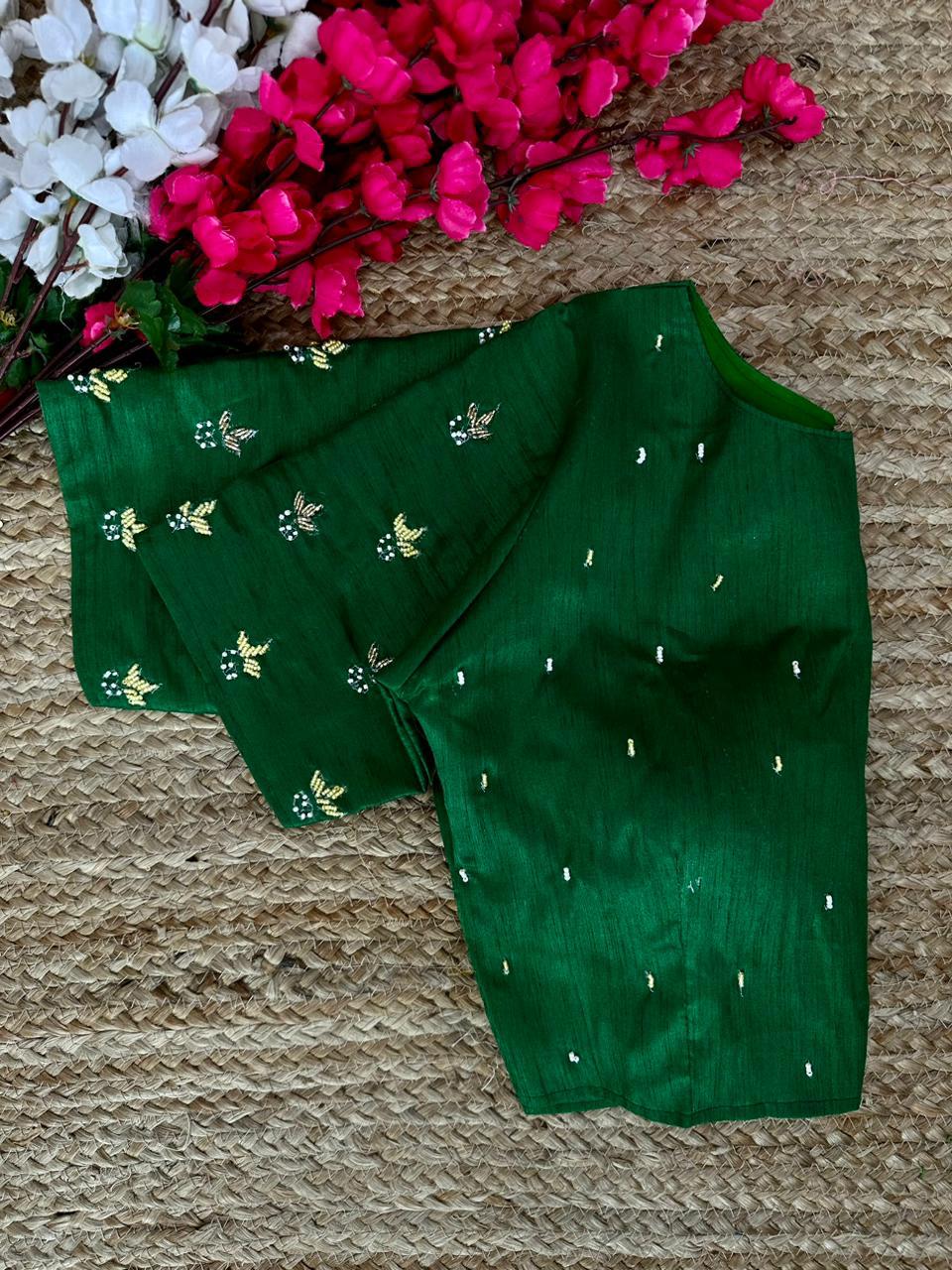 ClothsVilla Green Pearl-Embellished german silk Blouse with Handcrafted Golden Work