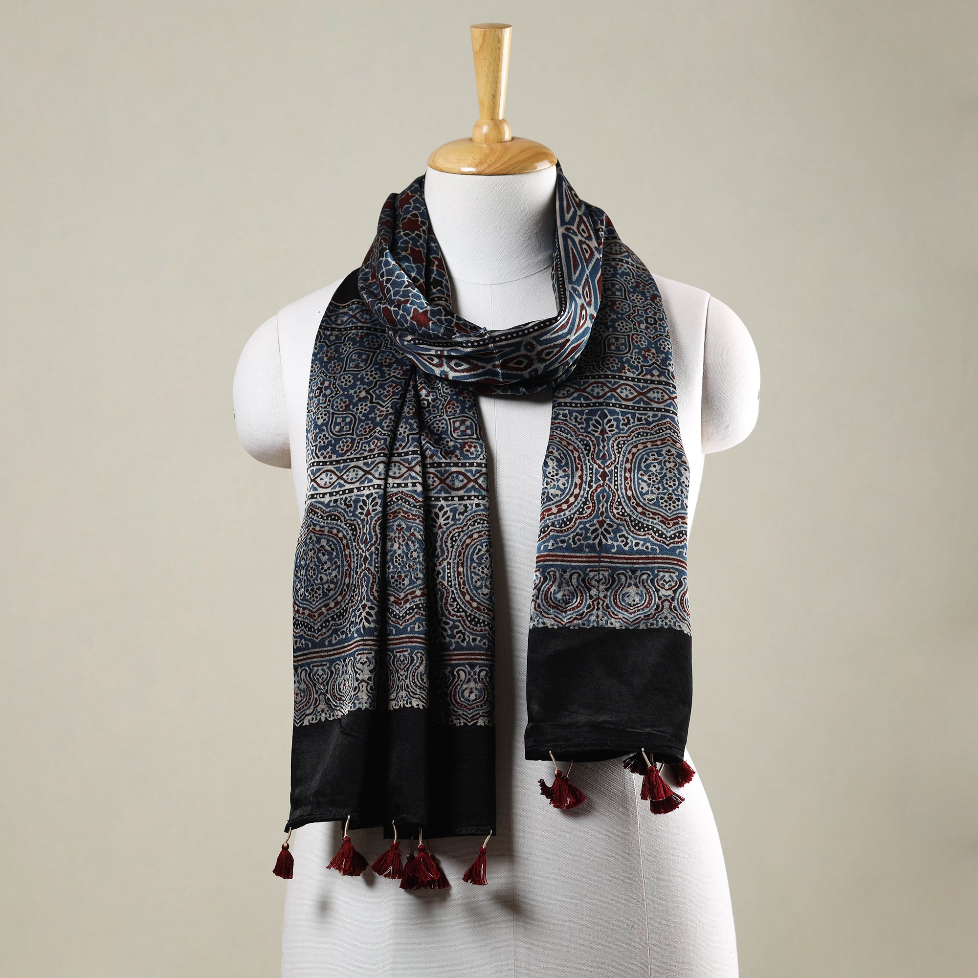 RIYAZ ABDULMAJID KHATRI - AJRAKH Blue - Ajrakh Hand Block Printed Mashru Silk Stole with Tassels