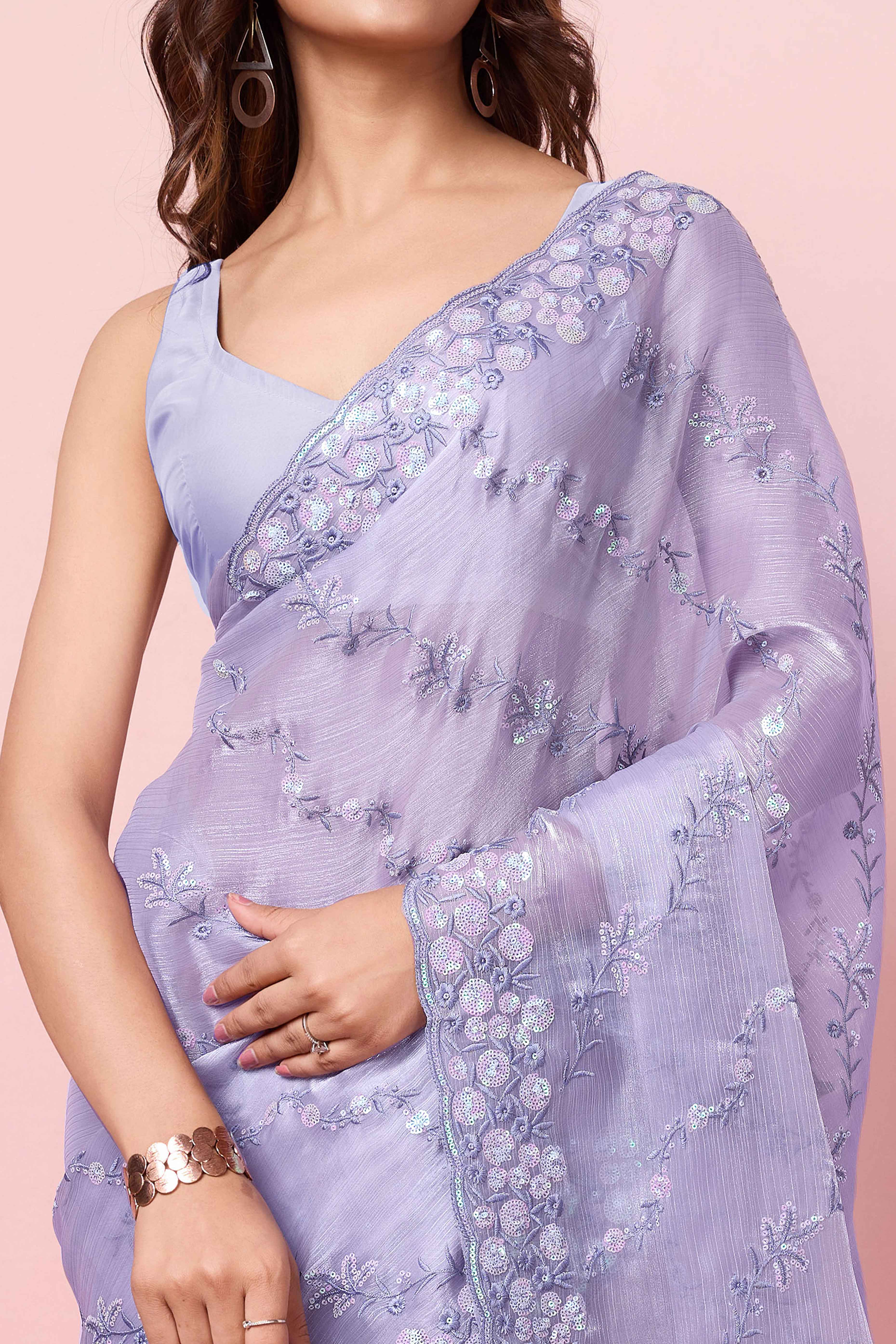 Peachmode Lavender Floral Sequins Embroidered Burberry Silk Saree - view 2