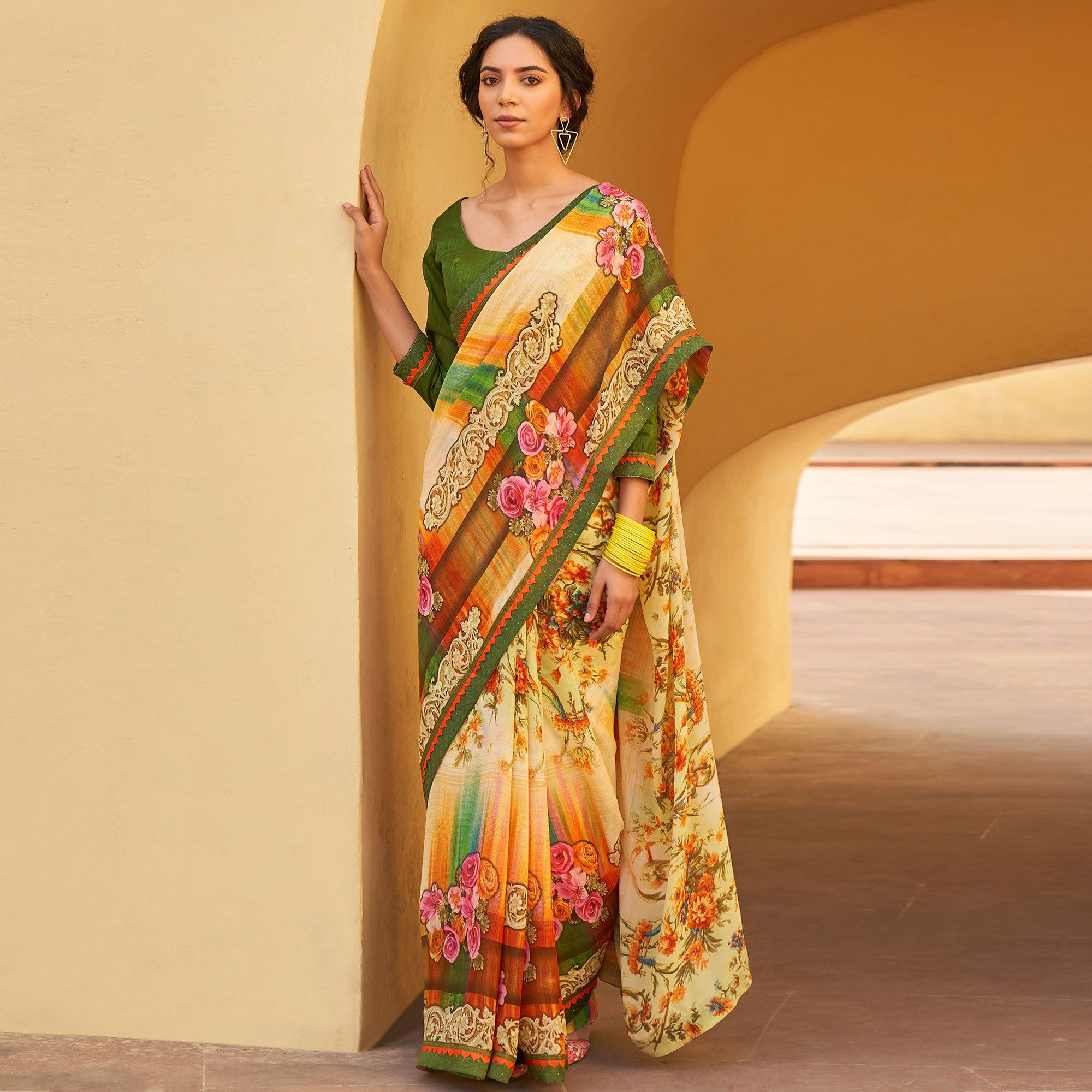 Peachmode Cream Printed Georgette Saree – Women's