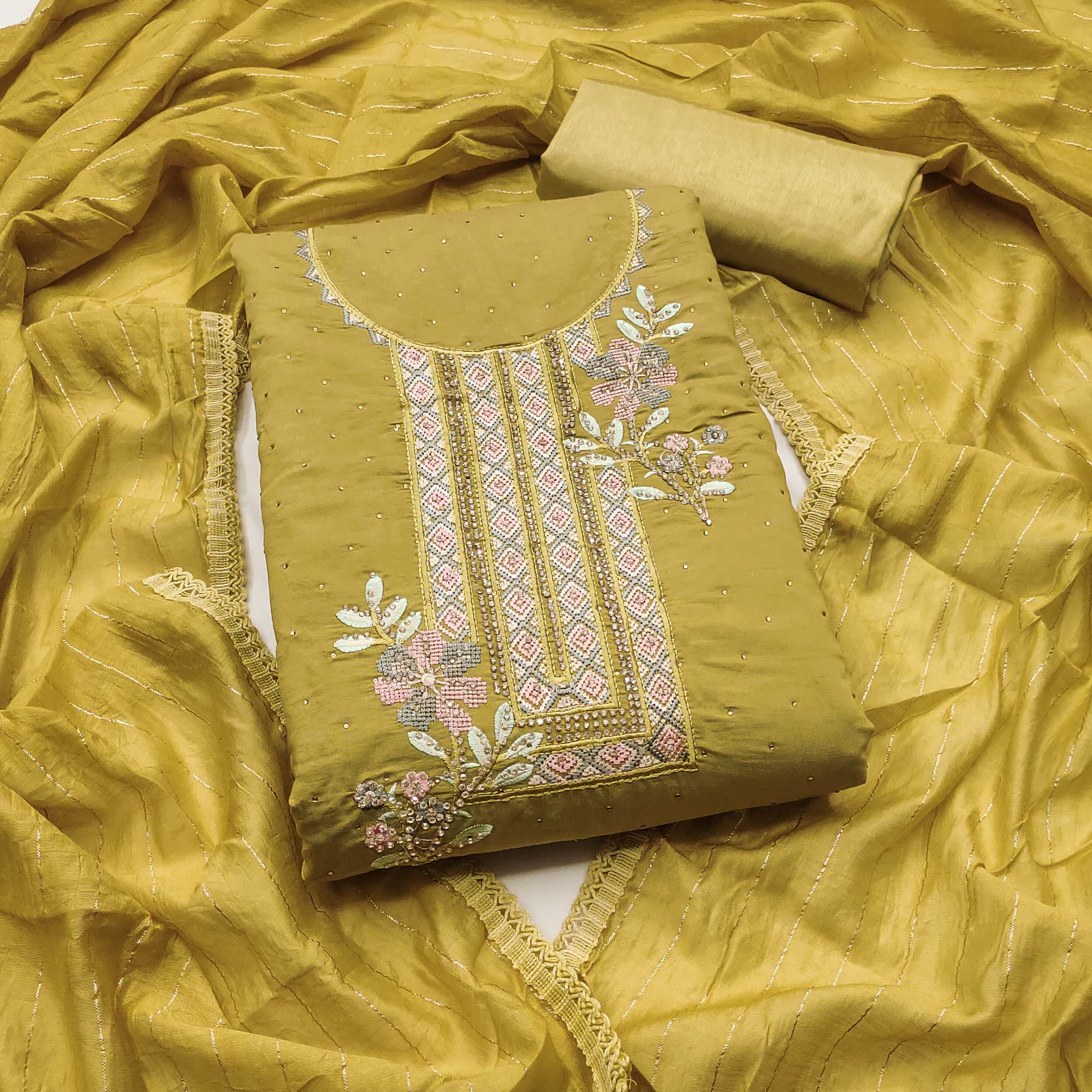 Peachmode Light Mustard Floral Embroidery With Stonework Chanderi Silk Dress Material