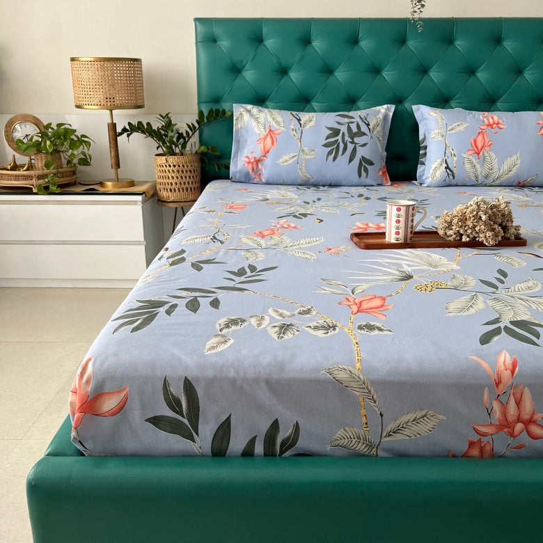 Urban Space -Home Furnishing Store Fitted King Size Cotton Bedsheet - Bloom Ray Blue Grey