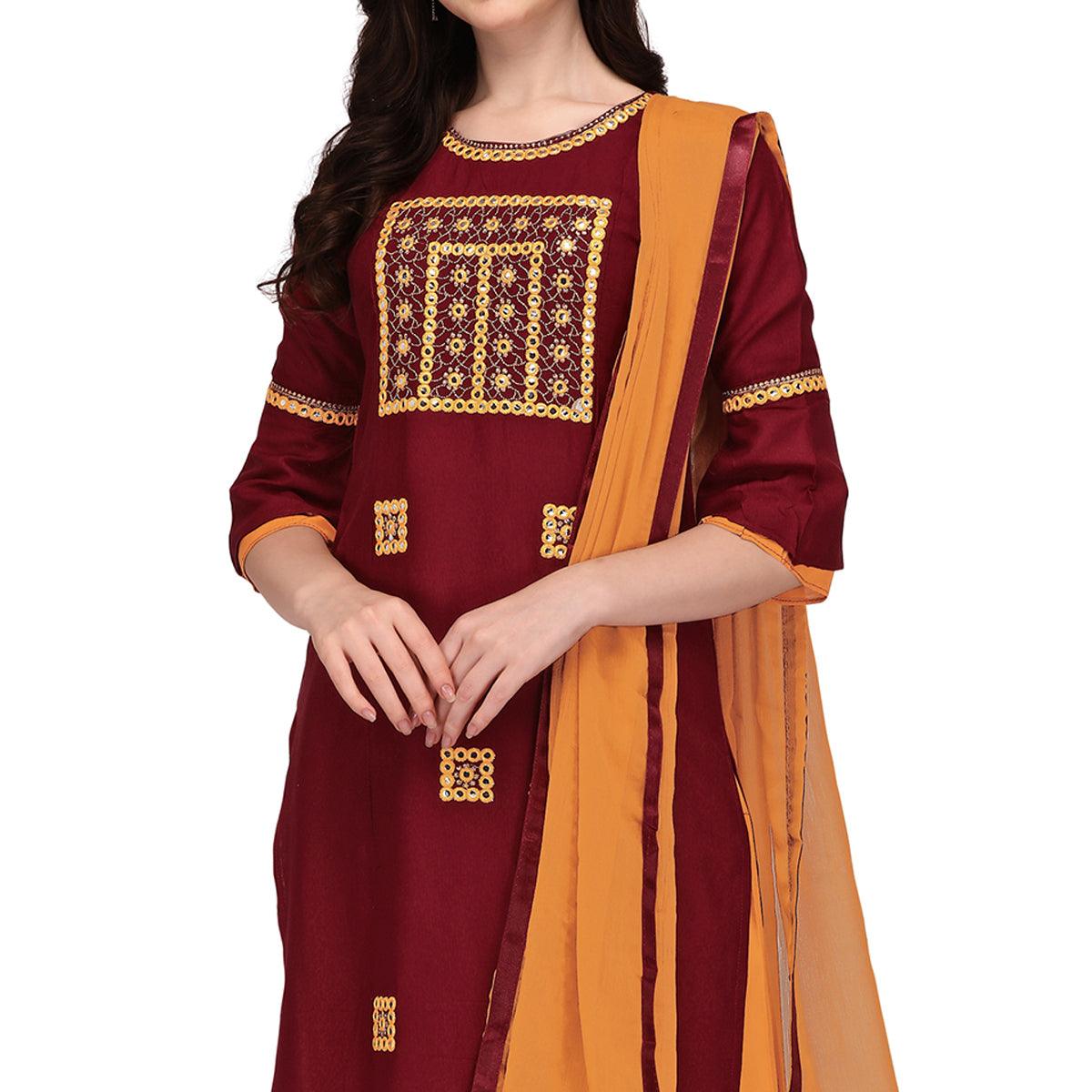 Peachmode Seller Maroon Embroidered Rayon Palazzo Suit - view 3
