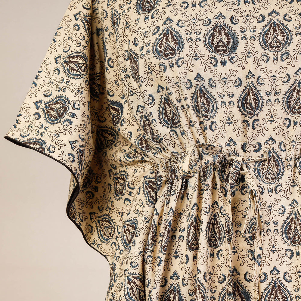 CHUTNEY CRAFT STUDIO Beige - Block Print Cotton Kalamkari Kaftan with Tie-Up Waist (Medium) - view 2