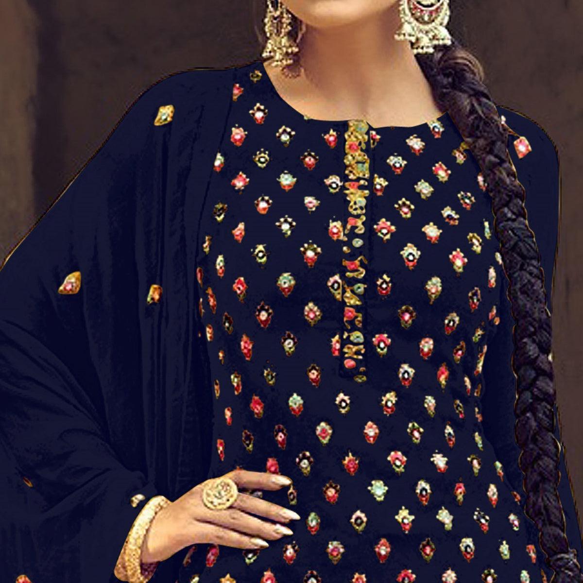 Peachmode Dark Blue Partywear Embroidered with Sequins Work Heavy Faux Georgette Patiala Suit - view 3