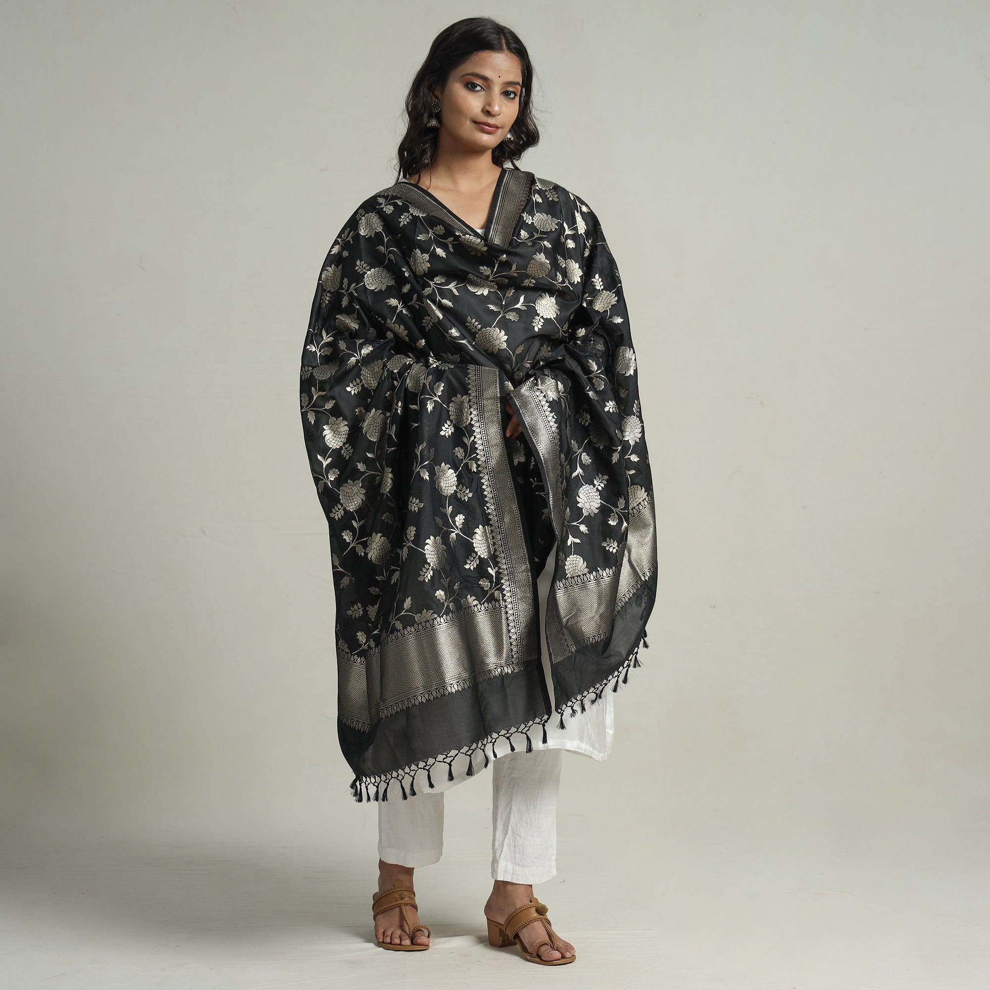 BANARASI BY MAQBUL HASAN Black - Banarasi Semi Silk Zari Jaal Dupatta with Tassels 74 - view 2