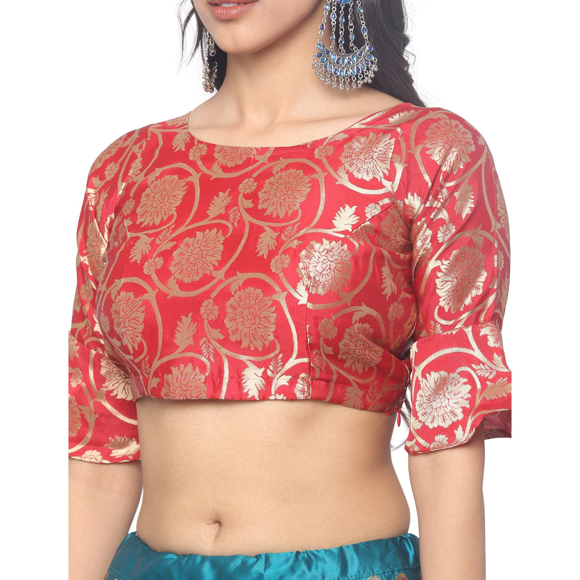 Peachmode Blue-Red Festive Wear Woven Jacquard Lehenga Choli - view 7