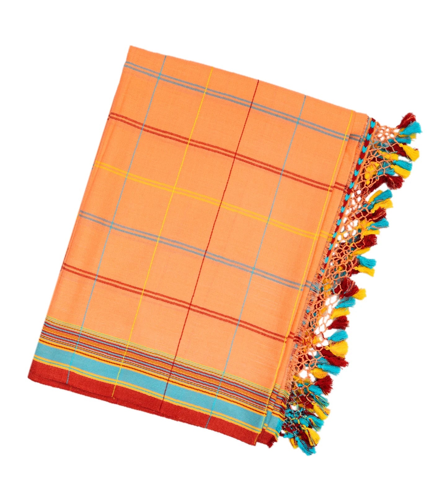 RmKV Peach Handloom Bhujodi Cotton Saree With Multi Colour Checks