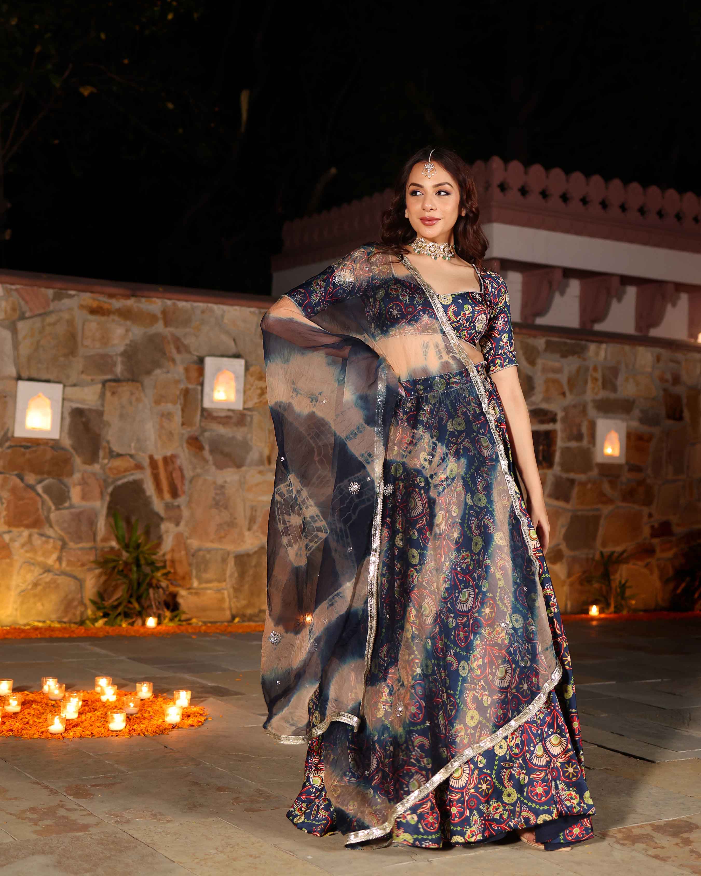 Aachho Laaya Blue Printed Hand Embroidered Satin Lehenga Set - view 8