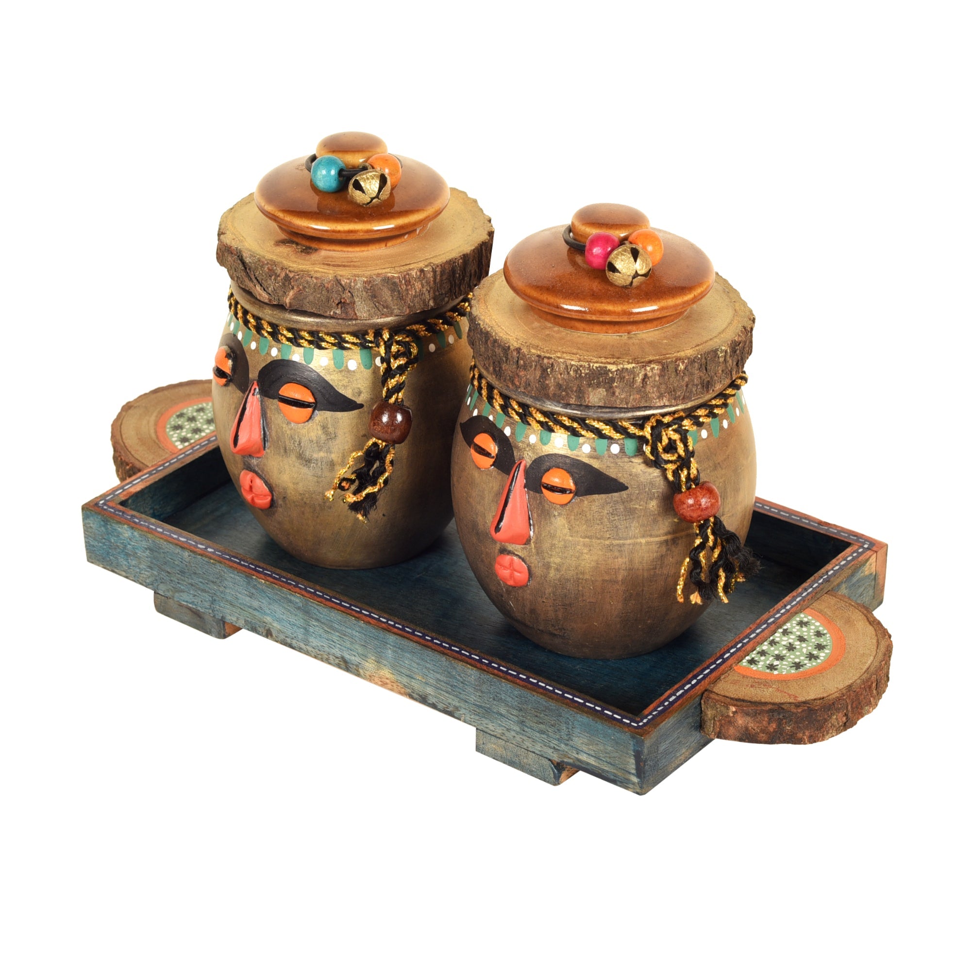 ART CREATIONS BY SUMAN SONTHALIA Brown - Happy Tribals Storage Jars and Handcrafted Tray (Set of 3) - view 5