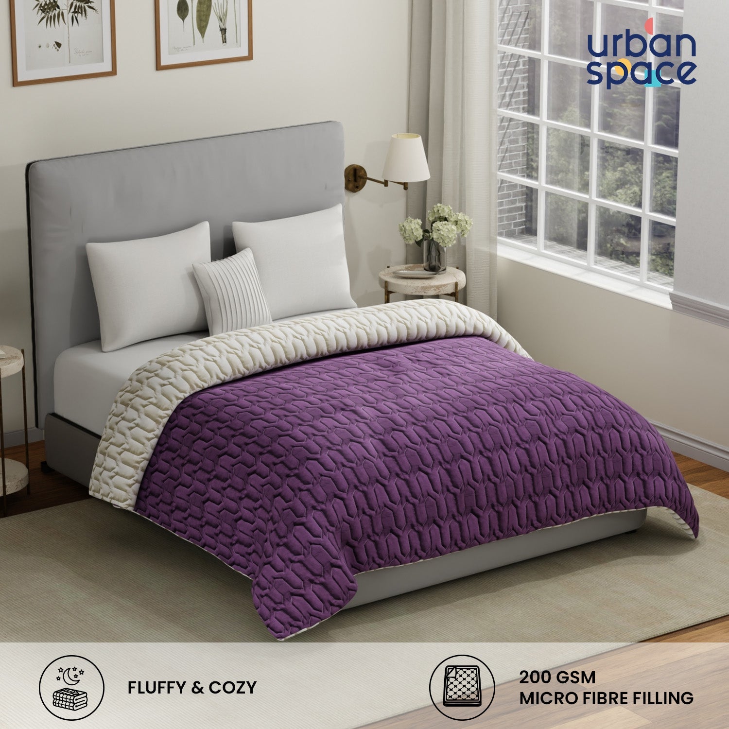 Urban Space -Home Furnishing Store Fluffy & Heavy 200 GSM Microfiber Reversible Quilted Winter Comforters - Plum & Pearl - view 2