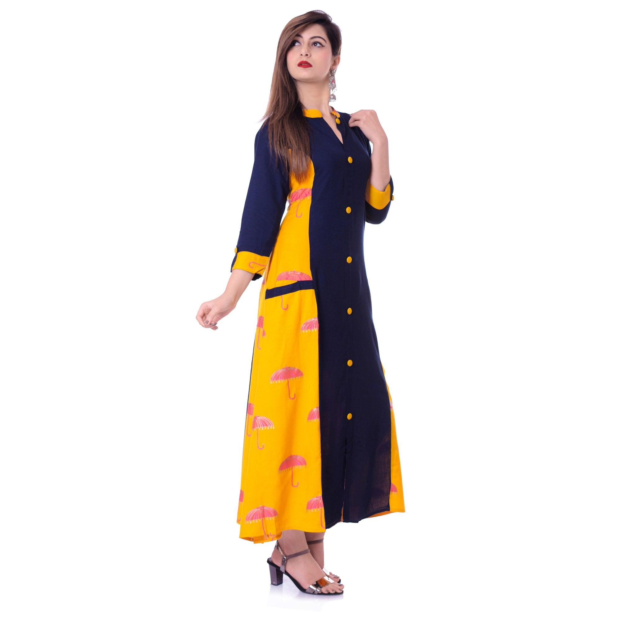 Peachmode Charming Navy Blue-Yellow Colored Casual Wear Printed Rayon Kurti
