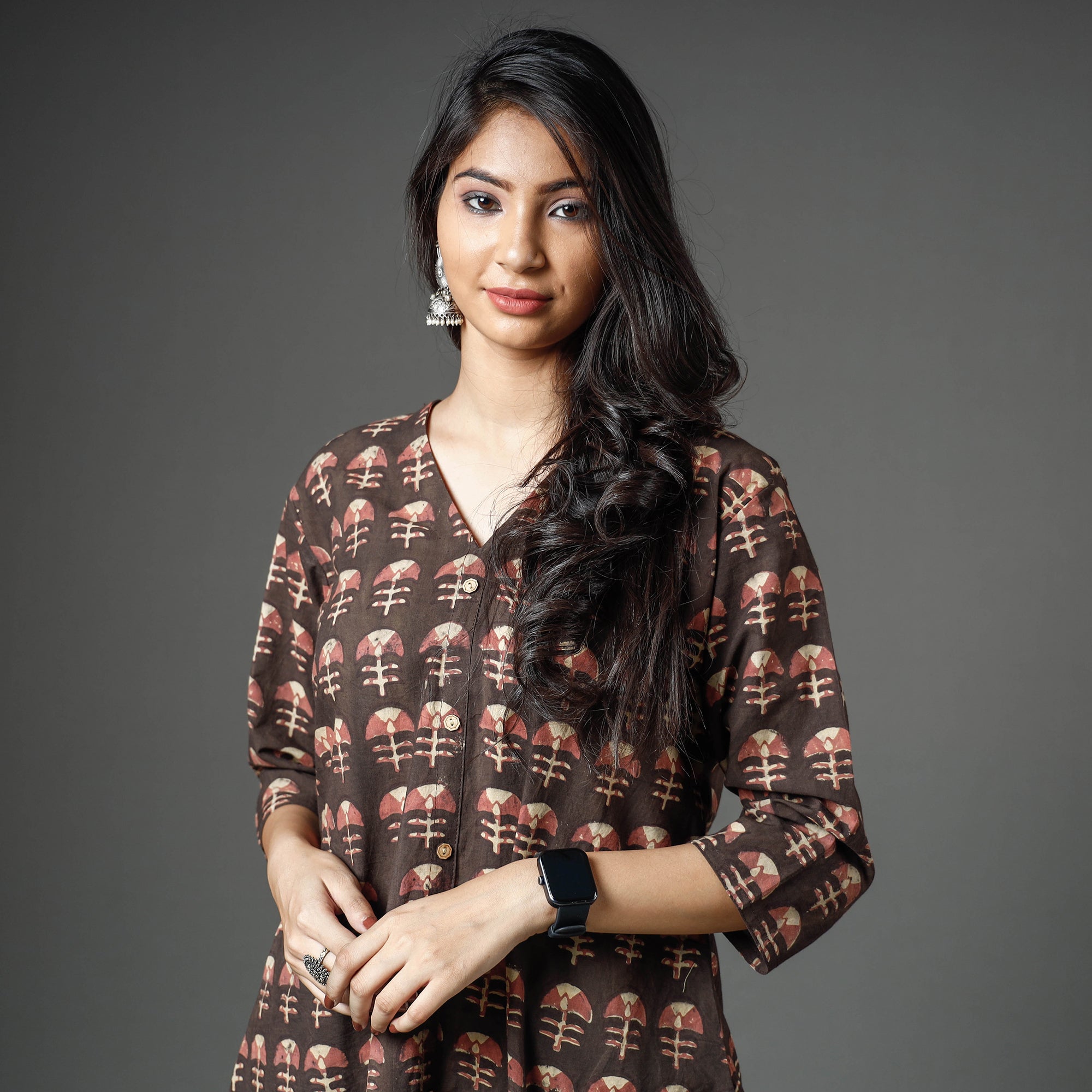 ITOKRI CASUALS Brown - Akola Block Printed Cotton A-Line Long Kurta