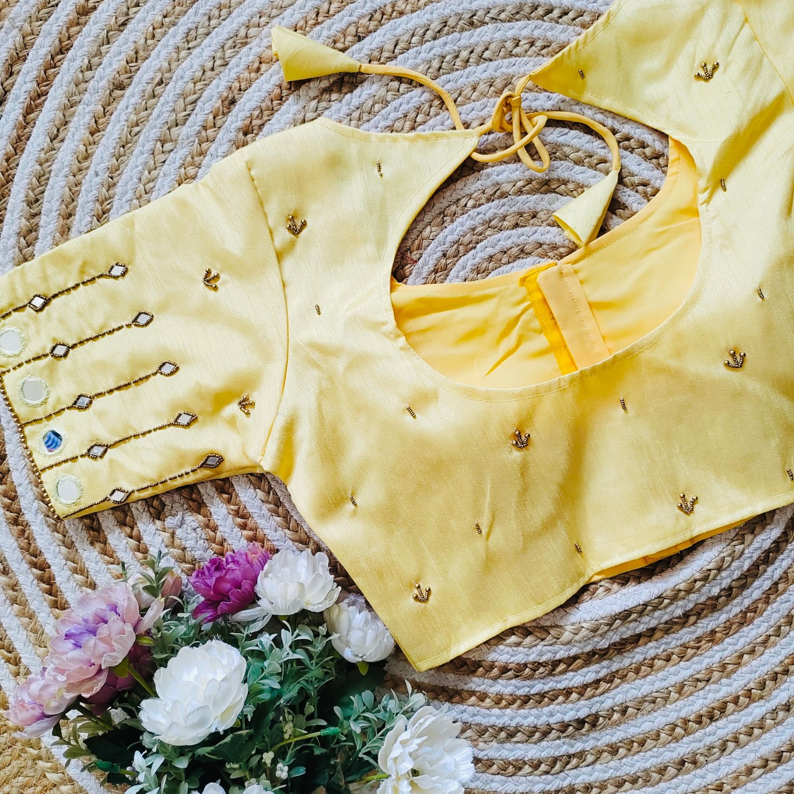 ClothsVilla Yellow Russian Silk Blouse with Mirror and Pearl Embellishments - view 2