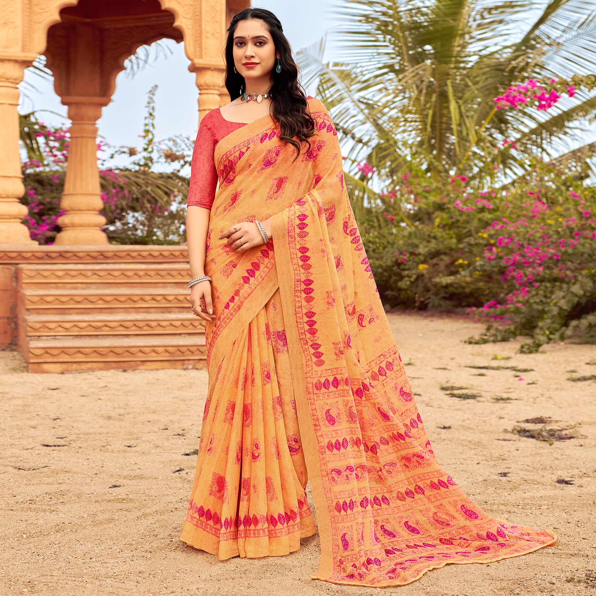 Peachmode Light Orange Printed Chiffon Saree – Women's