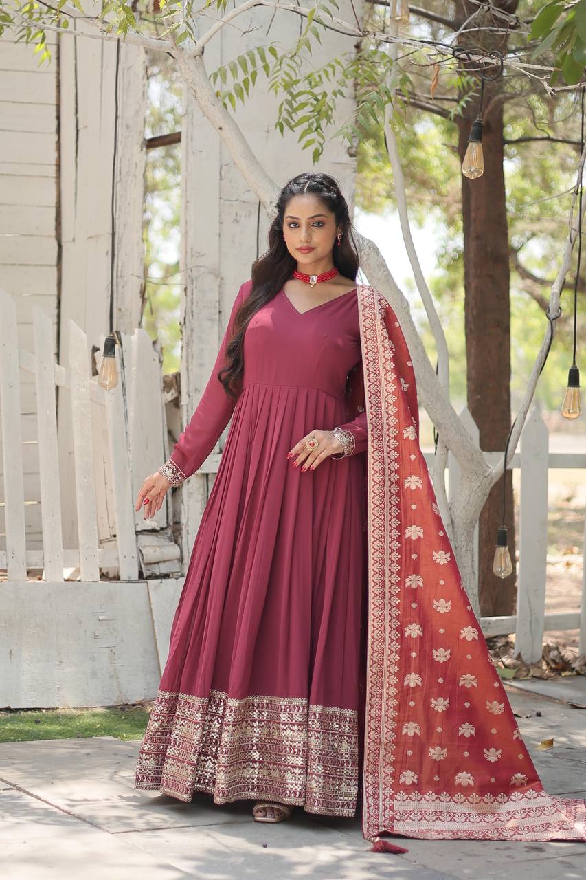 ClothsVilla Maroon Stunning Faux Georgette Gown with Rich Sequins Embroidery - view 3