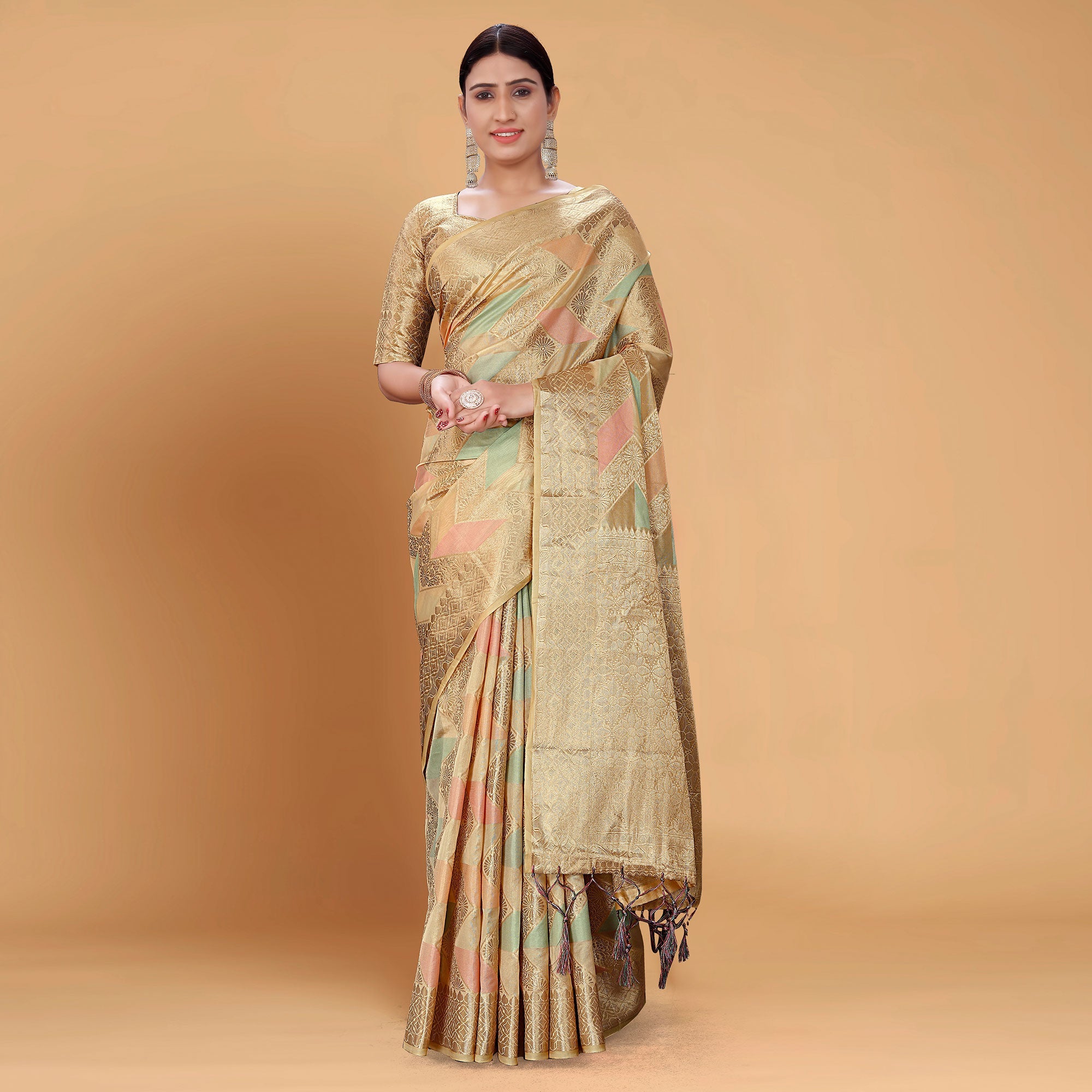 Peachmode Chikoo Woven Organza Saree With Tassels - view 2