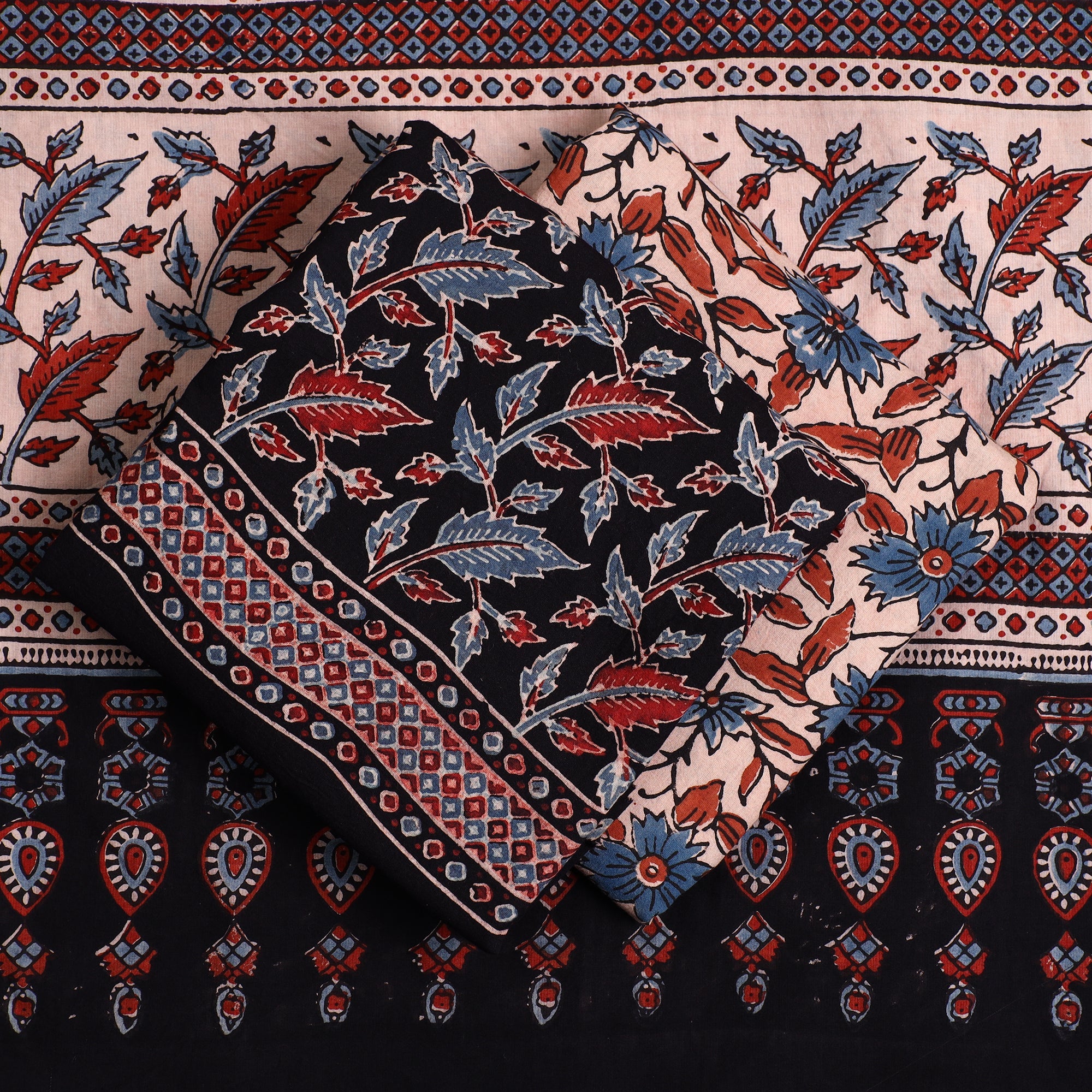 AJRAKH BY JABBAR KHATRI Black - 3pc Ajrakh Block Printed Natural Dyed Cotton Suit Material Set 10 - view 2