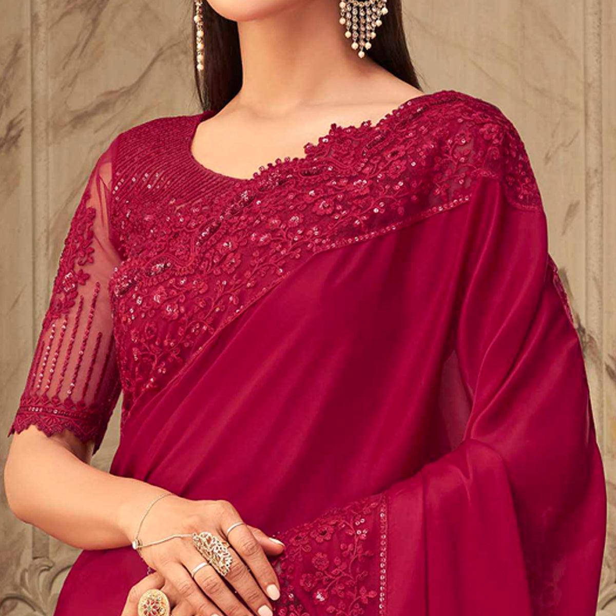 Peachmode Maroon Partywear Sequins Embroidered Silk Saree - view 2