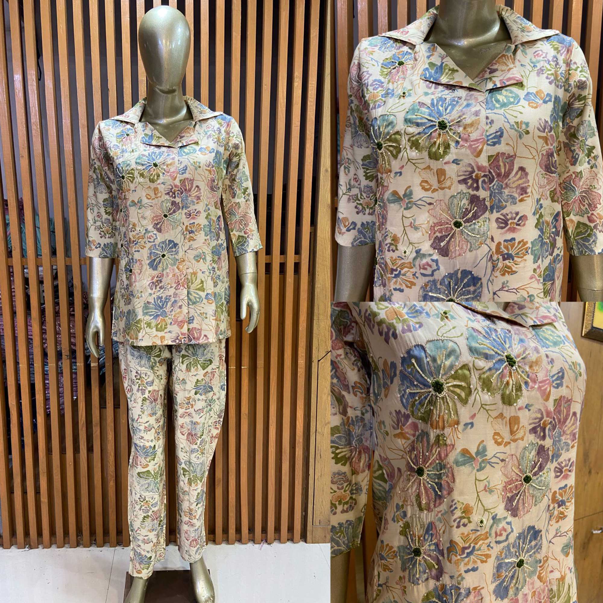 Peachmode Cream Floral Printed Muslin Co Ord Set - view 9